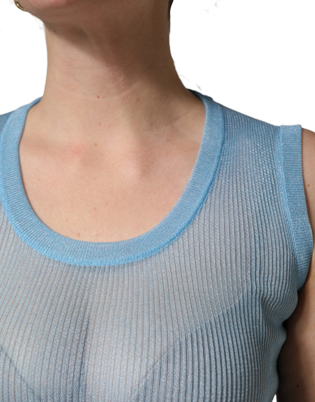 Dolce & Gabbana Blaues, halbtransparentes Rippstrick-Tanktop ohne Ärmel