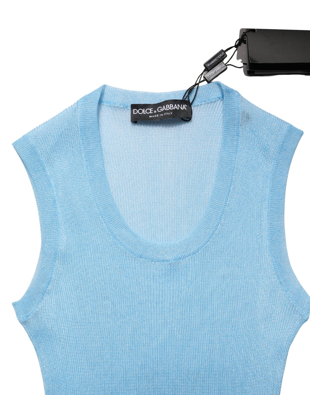 Dolce & Gabbana Blaues, halbtransparentes Rippstrick-Tanktop ohne Ärmel