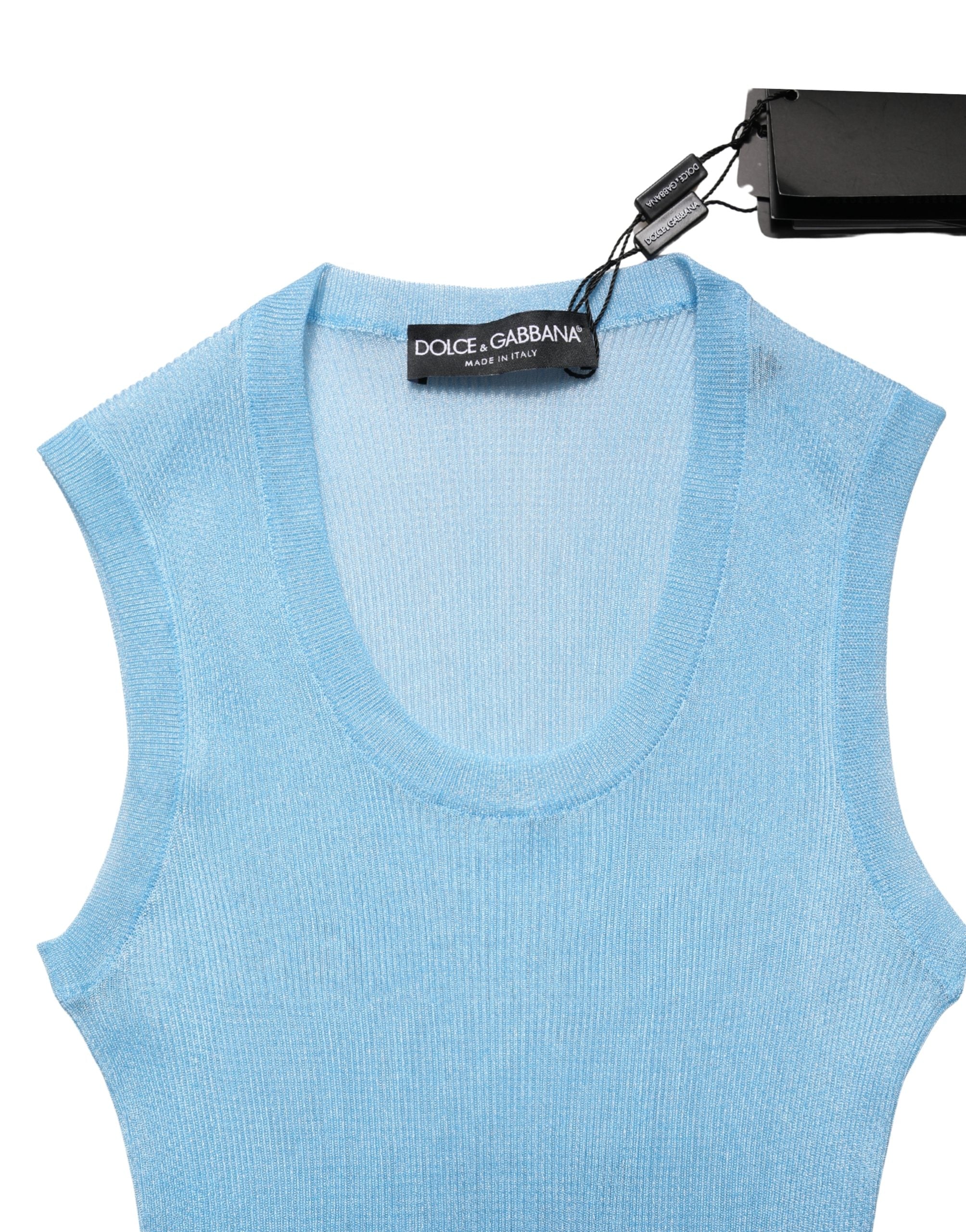 Dolce & Gabbana Blaues, halbtransparentes Rippstrick-Tanktop ohne Ärmel