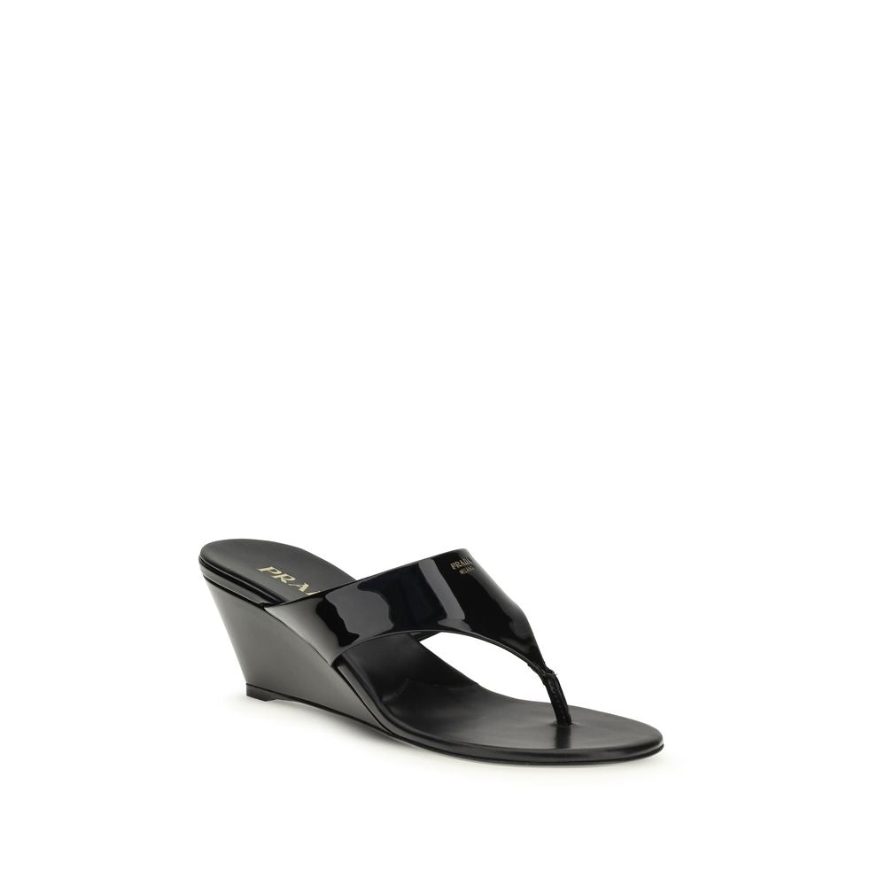 Prada Black Calfskin Wedge Sandals Bos Taurus