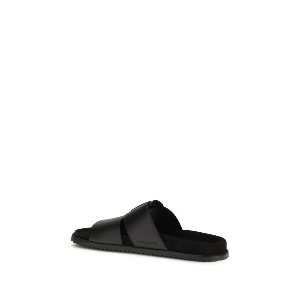 Dolce & Gabbana Black Bos Taurus Calfskin Flat Sandals