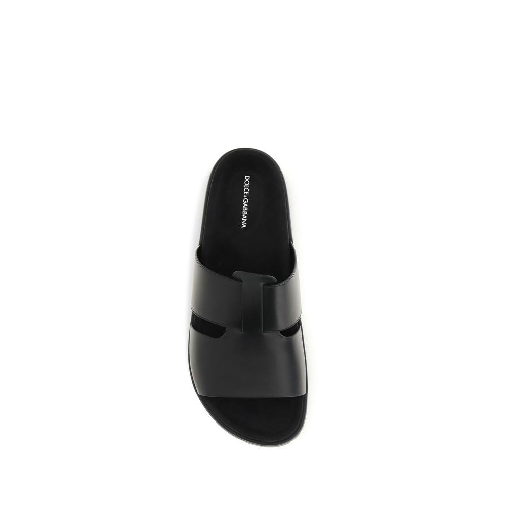 Dolce & Gabbana Black Bos Taurus Calfskin Flat Sandals