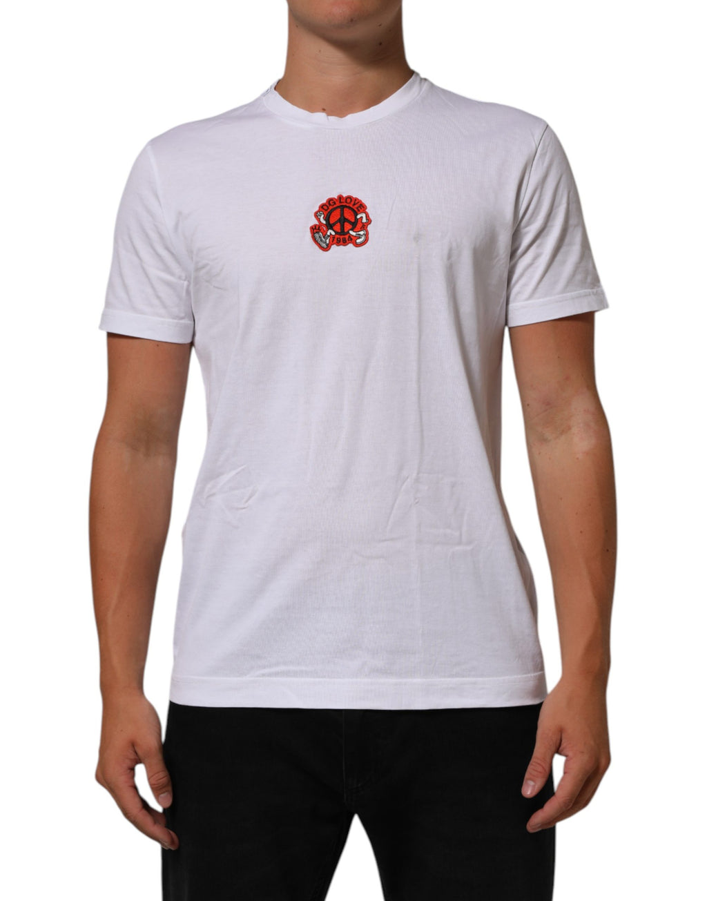 Dolce & Gabbana Weißes T-Shirt mit Rundhalsausschnitt aus Baumwolle DG Love Patch