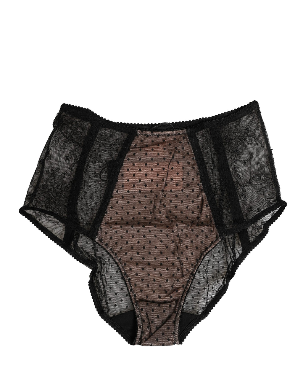 Dolce & Gabbana Schwarzer transparenter Spitzen-Slip mit Tupfenmuster und hoher Taille