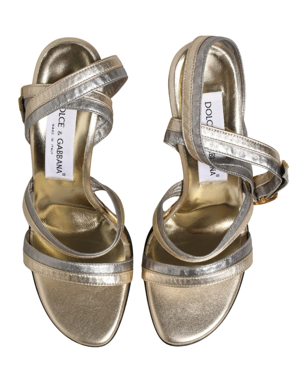 Dolce & Gabbana Goldfarbene und silberne Keilabsatz-Sandalen aus Leder