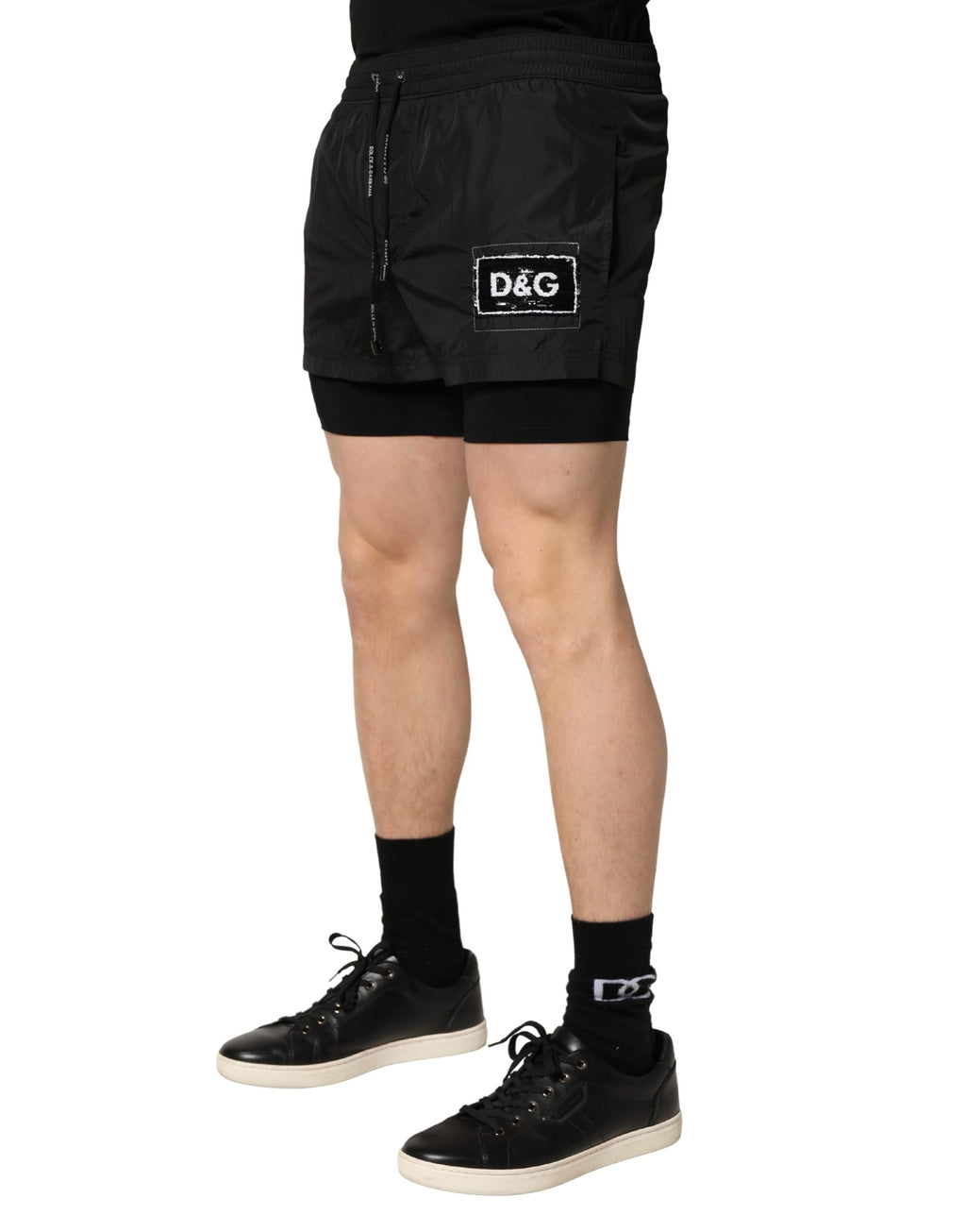 Dolce & Gabbana Schwarze Herren-Badeshorts aus Polyester mit Kordelzug