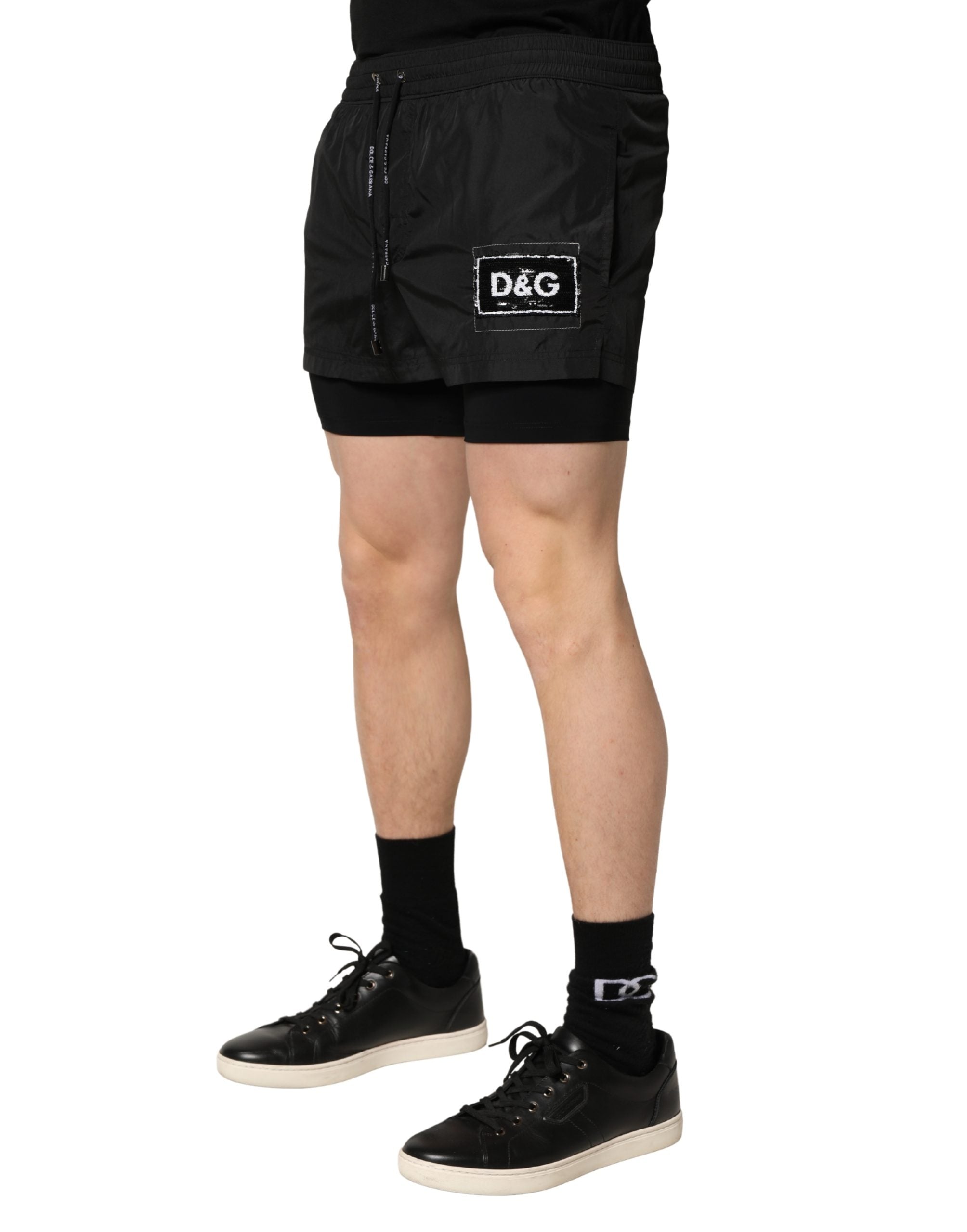 Dolce & Gabbana Schwarze Herren-Badeshorts aus Polyester mit Kordelzug