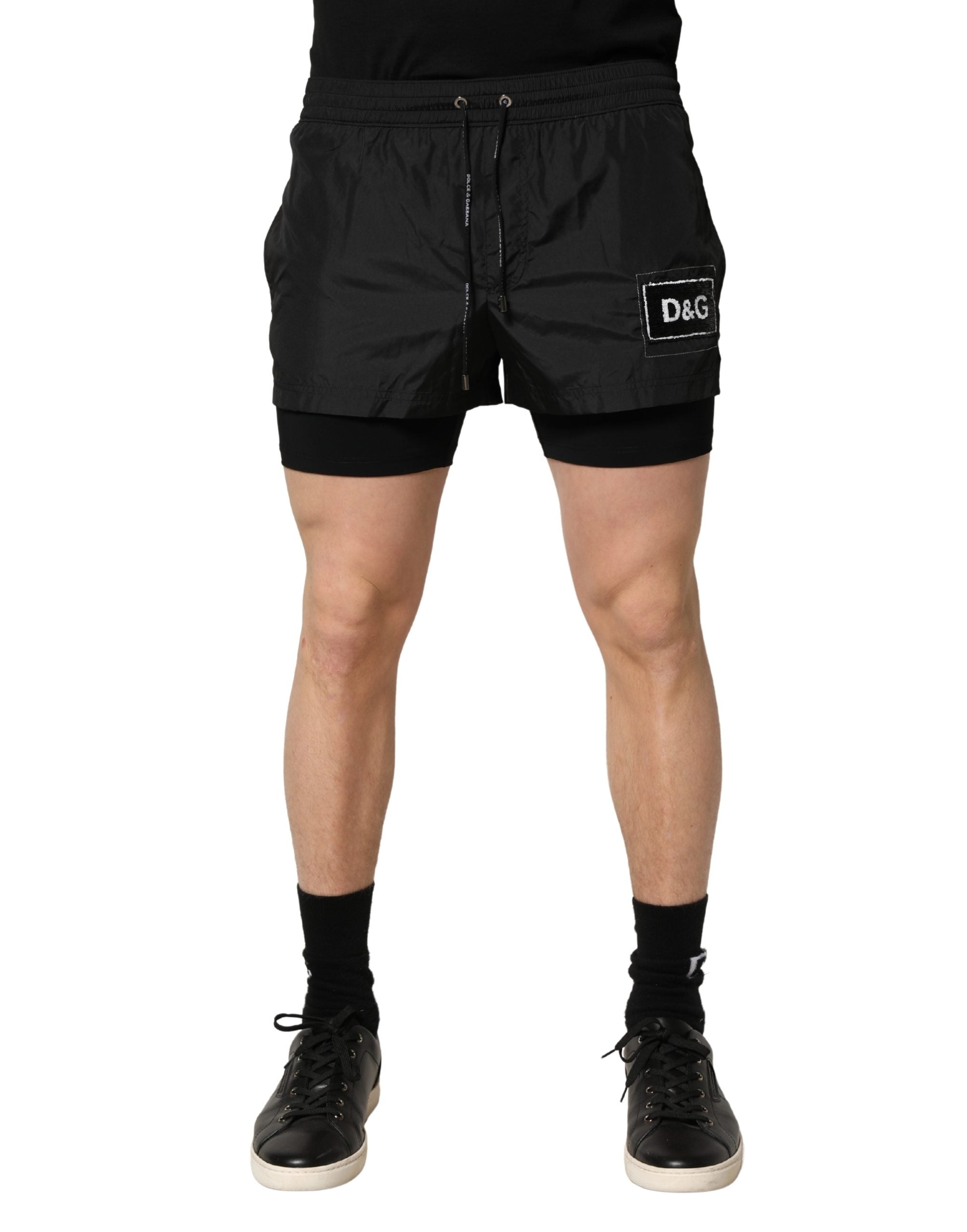 Dolce & Gabbana Schwarze Herren-Badeshorts aus Polyester mit Kordelzug