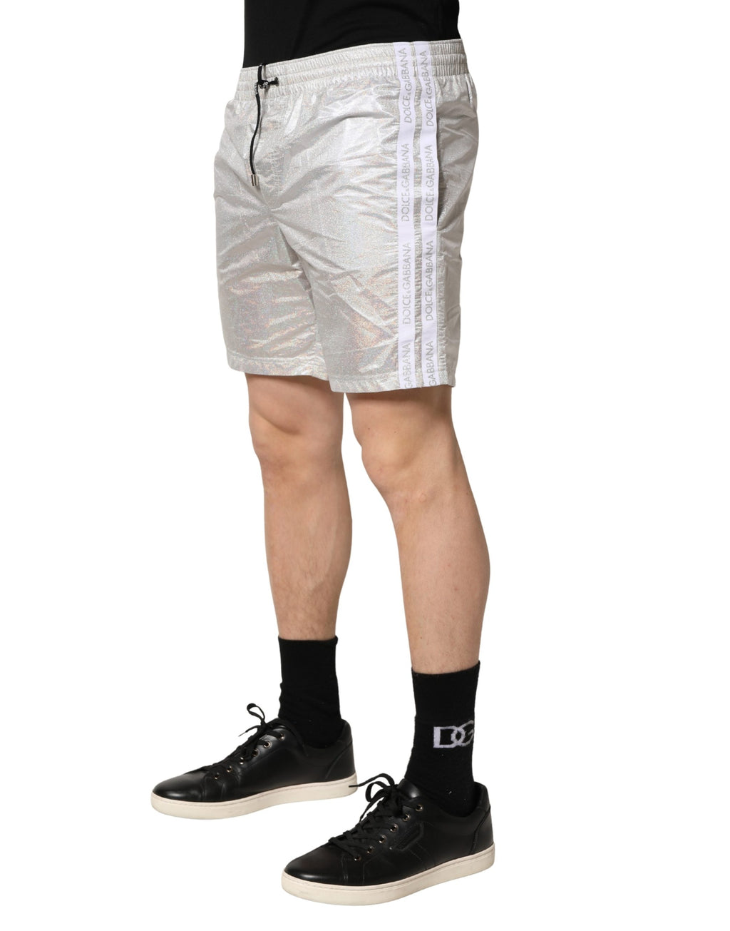 Dolce & Gabbana Silberne Polyester-Badeshorts mit Kordelzug für Herren