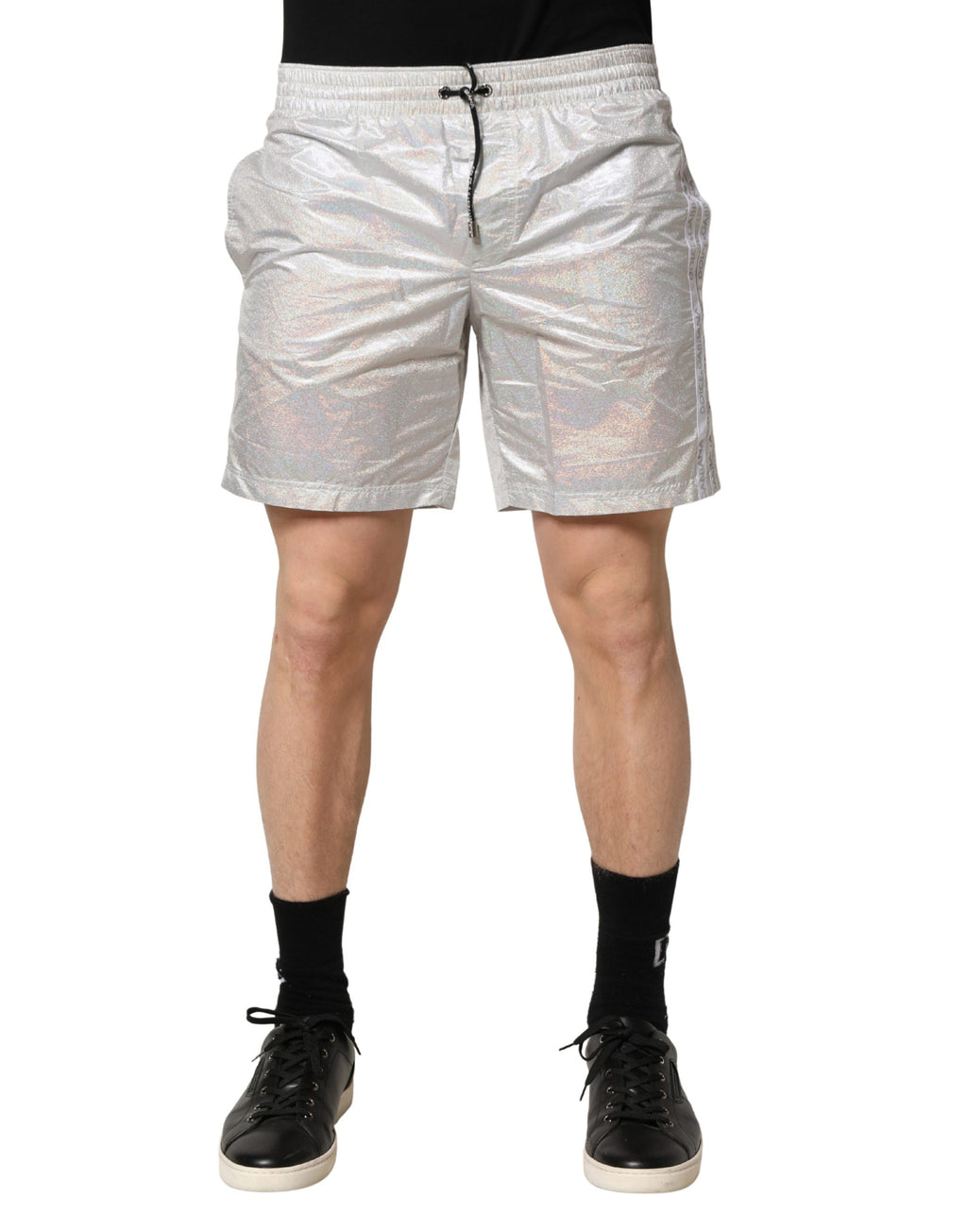 Dolce & Gabbana Silberne Polyester-Badeshorts mit Kordelzug für Herren