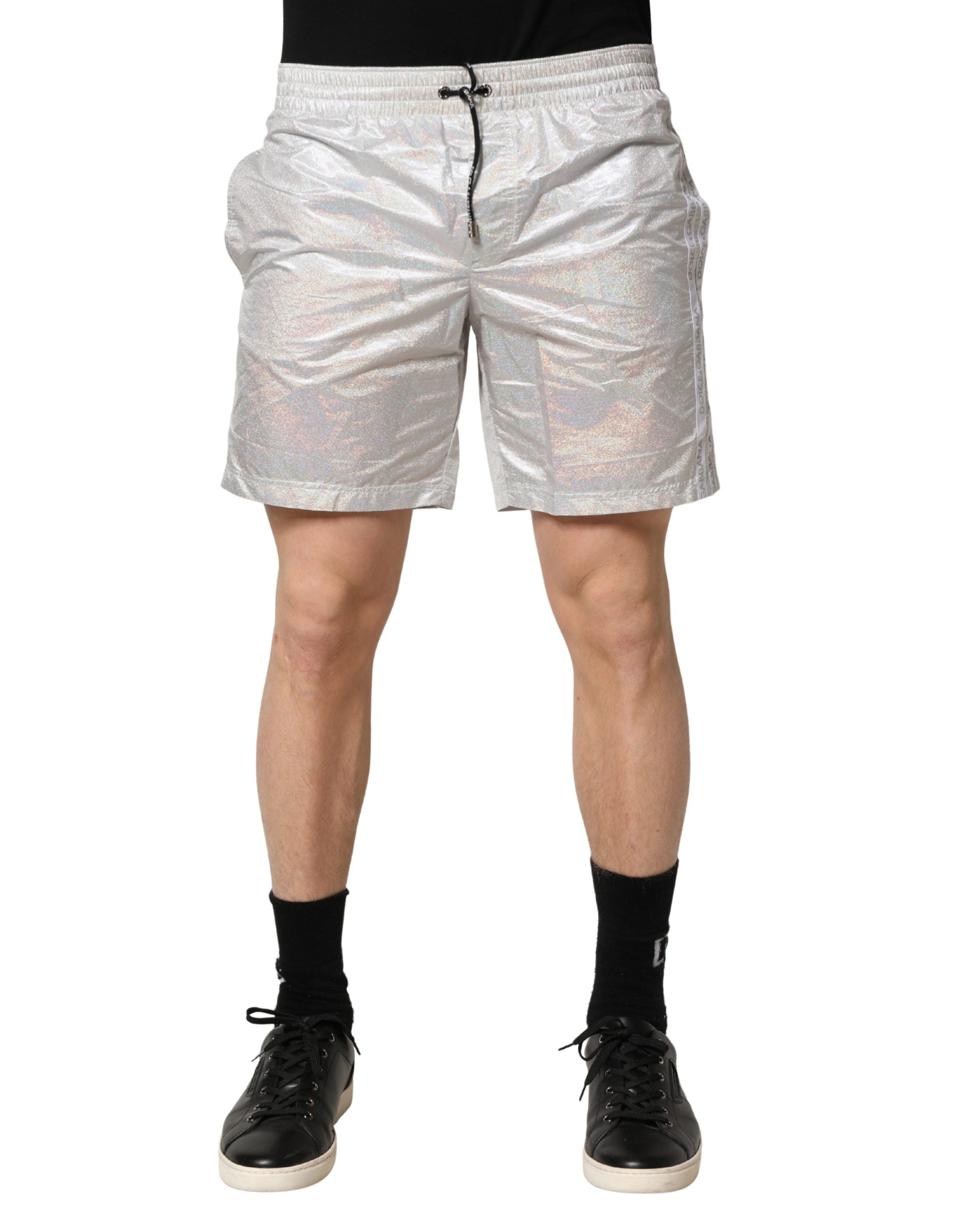 Dolce & Gabbana Silberne Polyester-Badeshorts mit Kordelzug für Herren