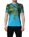 Dolce & Gabbana Blaues T-Shirt mit Palmenprint aus Baumwolle, Rundhalsausschnitt