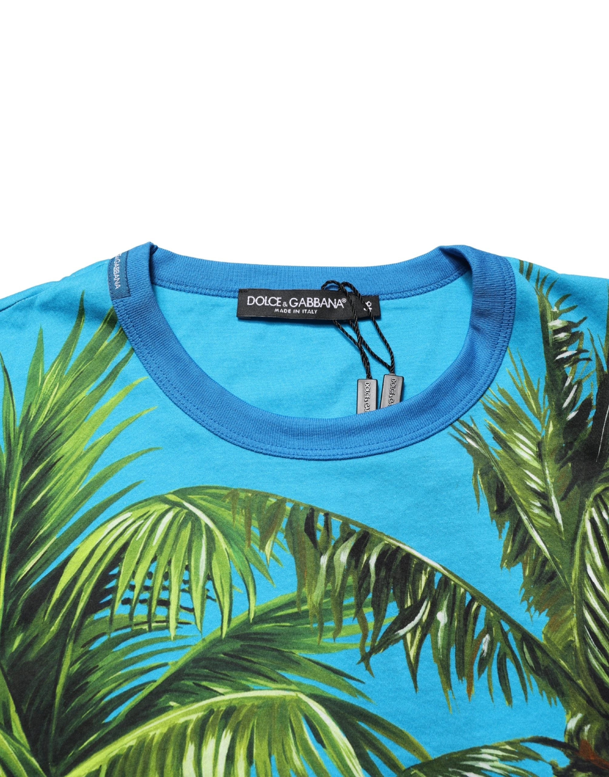 Dolce & Gabbana Blaues T-Shirt mit Palmenprint aus Baumwolle, Rundhalsausschnitt