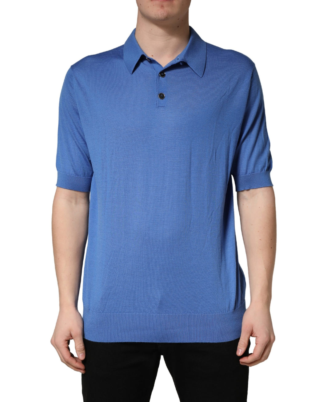 Dolce & Gabbana Blaues Kaschmir-Poloshirt mit kurzen Ärmeln