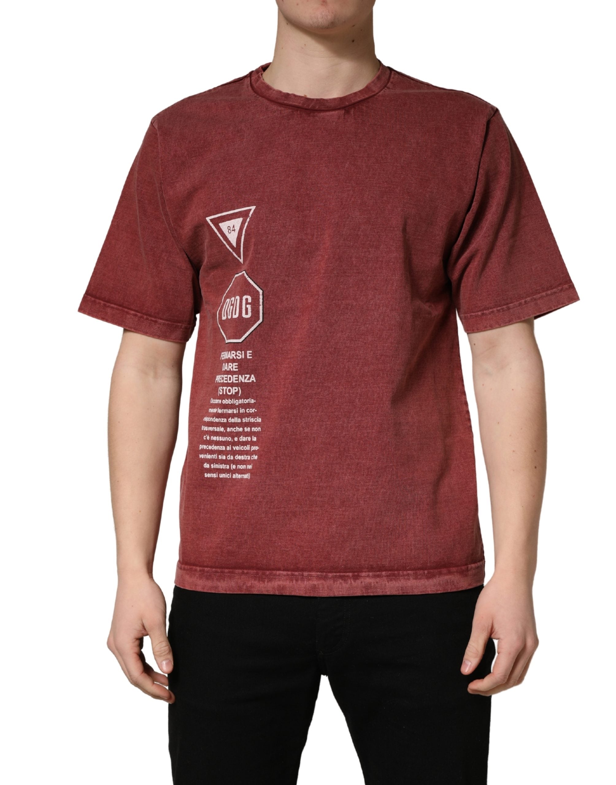 Dolce & Gabbana Maroon Print Rundhals-T-Shirt mit kurzen Ärmeln