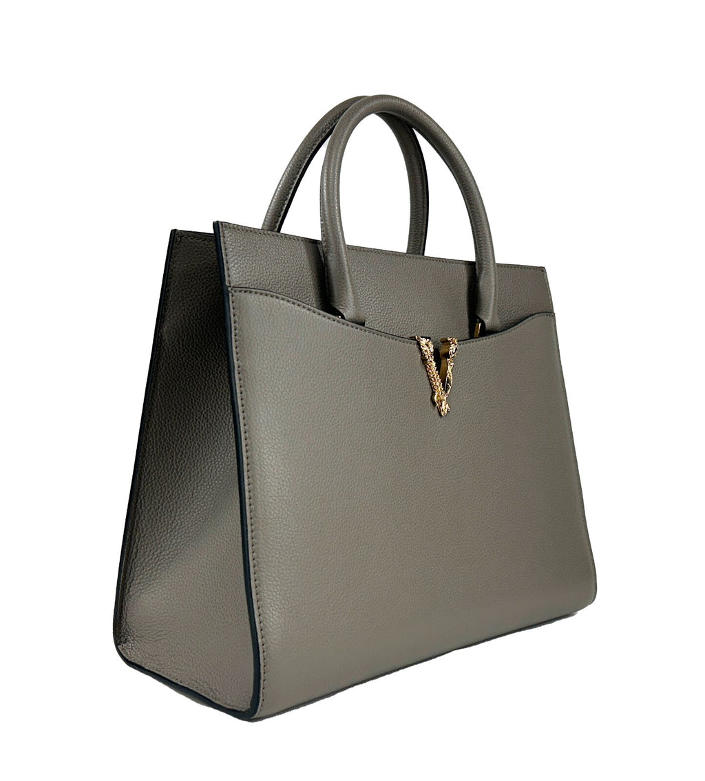 Versace Virtus Large Leather Top Handle Bag Tote Gray