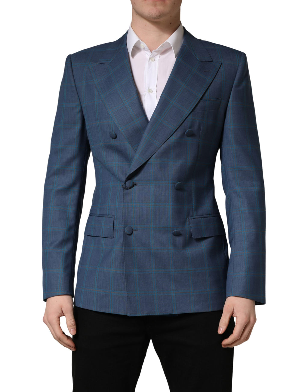 Dolce & Gabbana Men's Blue Plaid Double-Breasted Blazer