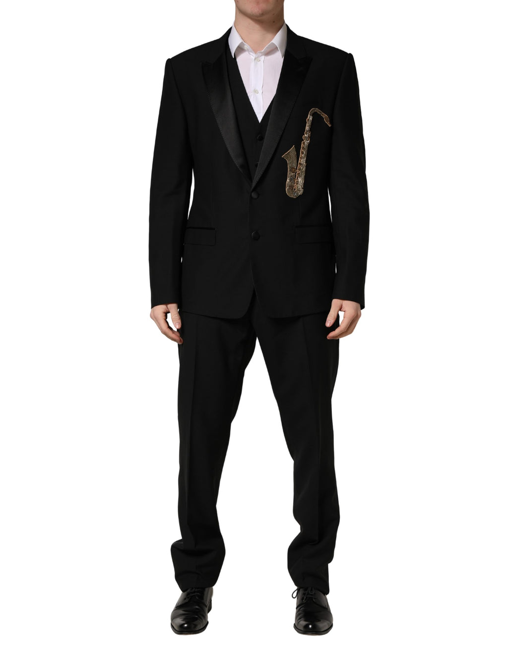 Dolce & Gabbana Schwarzer Wollseide Saxophon Slim Fit 3-teiliger Anzug