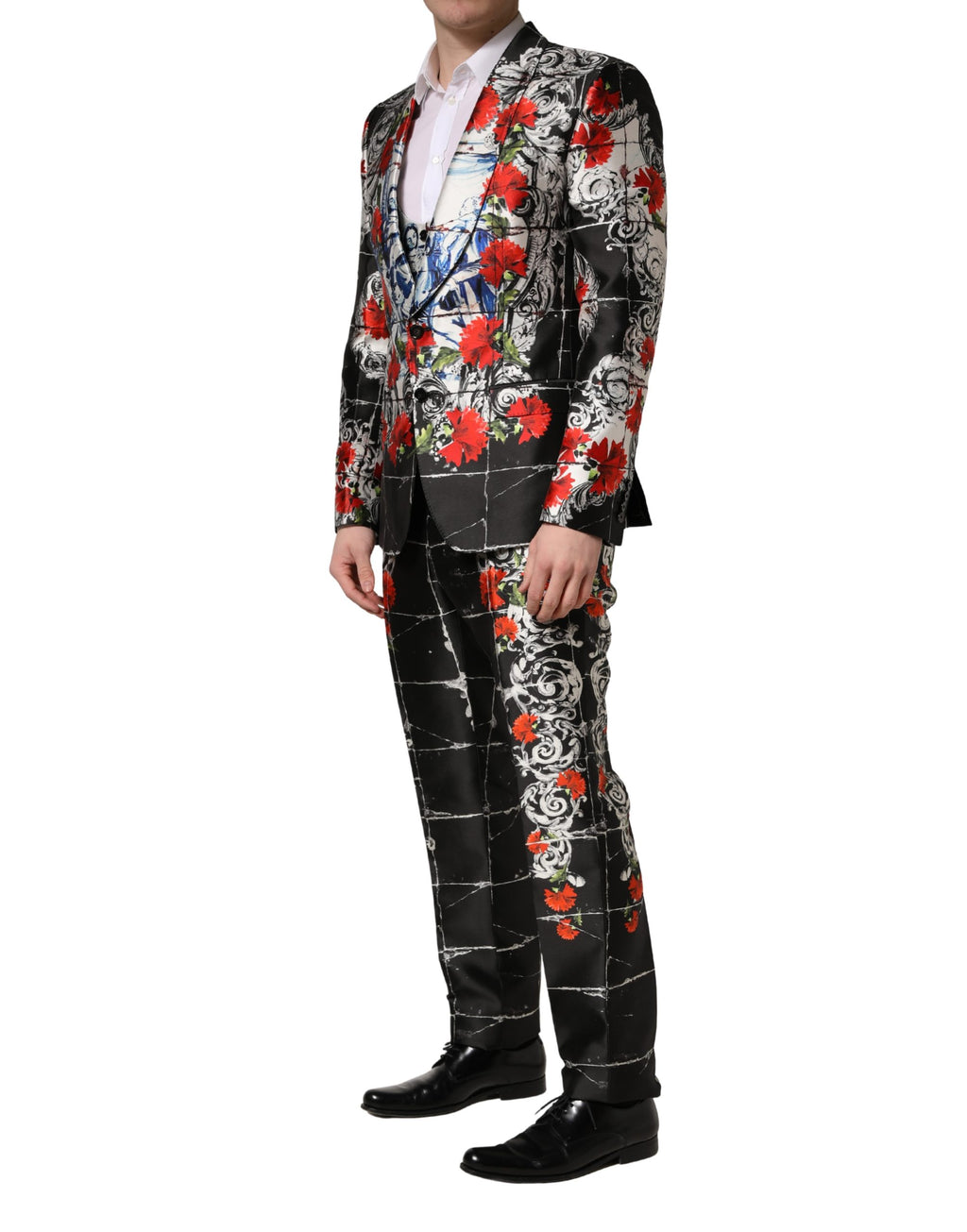 Dolce & Gabbana Schwarzer 3-teiliger Anzug mit 2 Knöpfen und Blumenmuster
