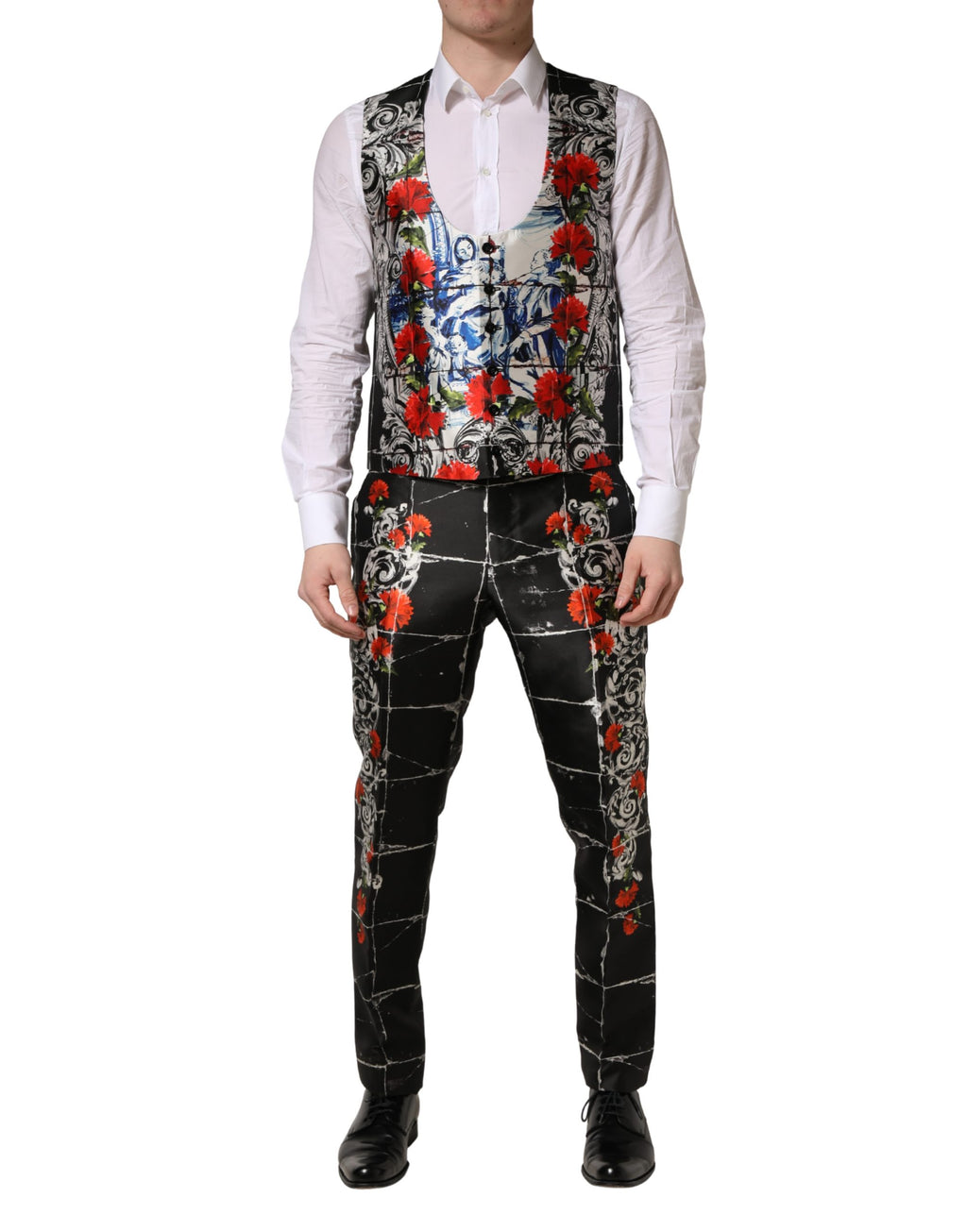 Dolce & Gabbana Schwarzer 3-teiliger Anzug mit 2 Knöpfen und Blumenmuster