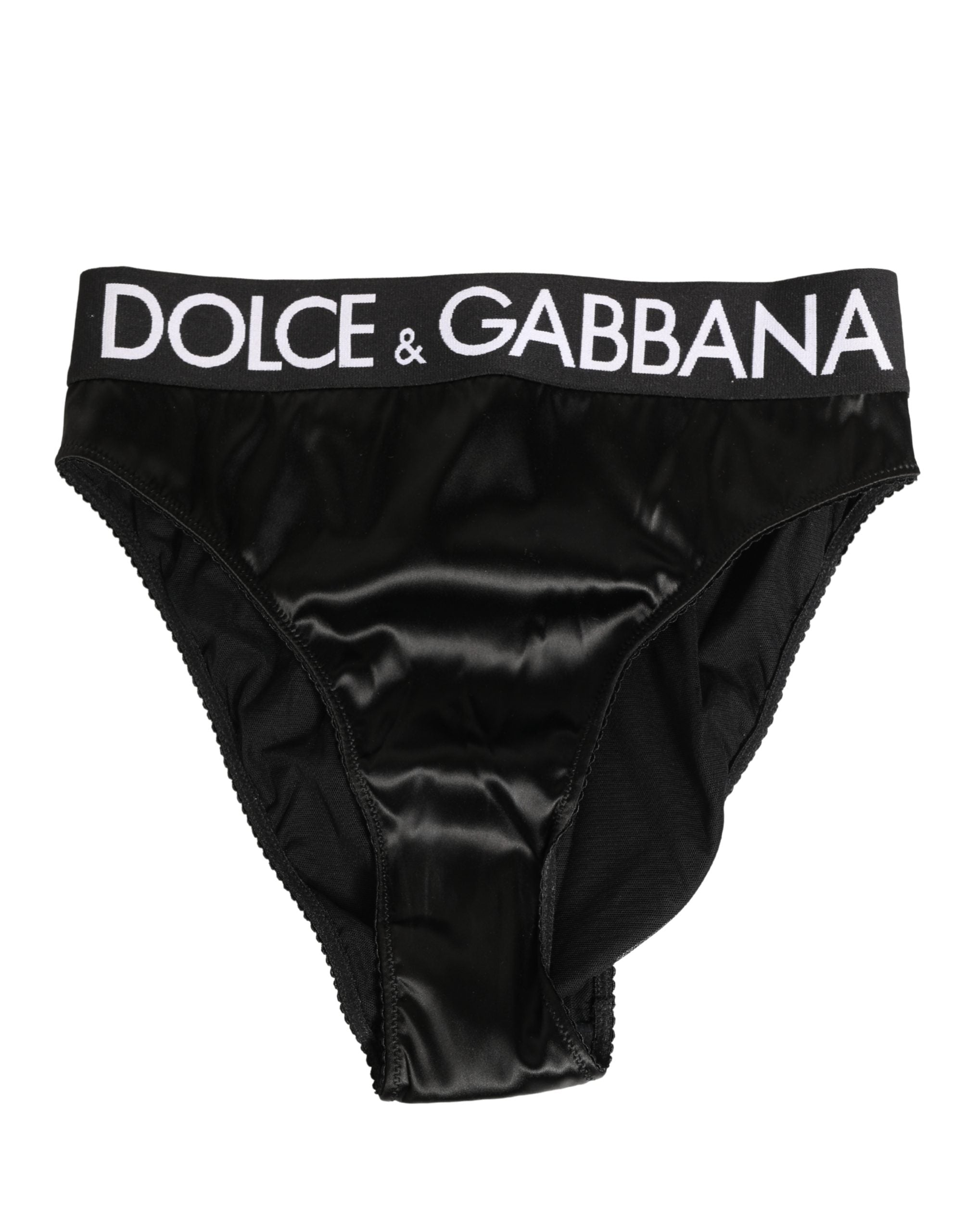 Dolce & Gabbana Schwarzer Slip aus Satin mit hohem Bund und Logo für Damen