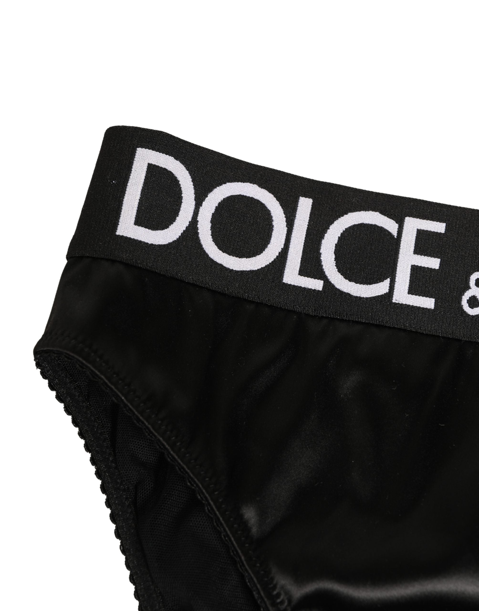 Dolce & Gabbana Schwarzer Slip aus Satin mit hohem Bund und Logo für Damen
