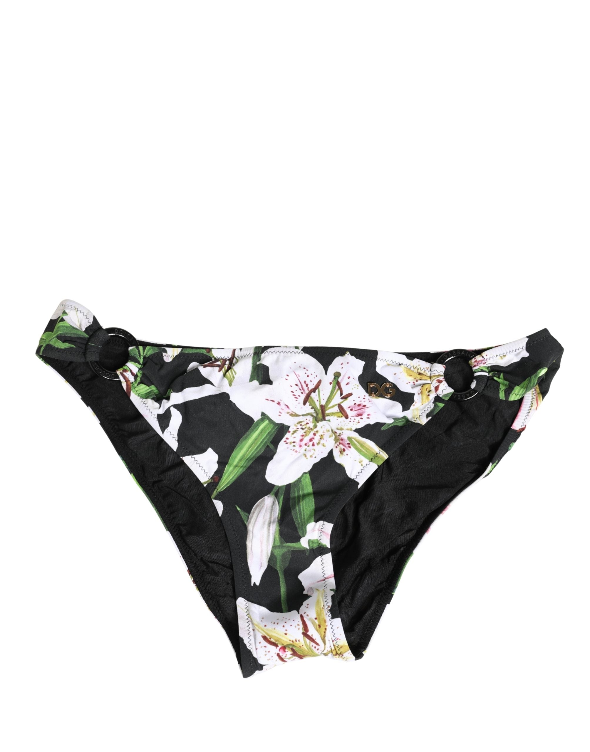 Dolce & Gabbana Schwarzer Bikini-Slip mit Lilien-Print aus Nylon