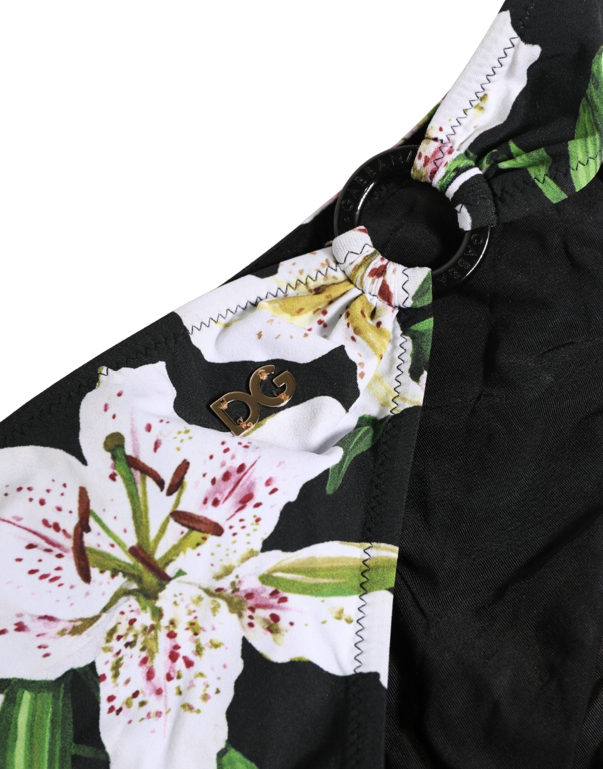 Dolce & Gabbana Schwarzer Bikini-Slip mit Lilien-Print aus Nylon