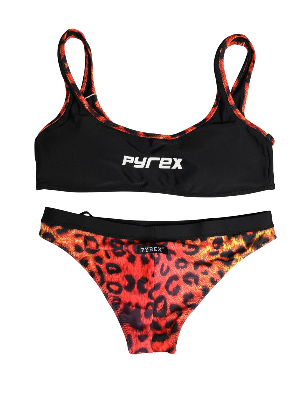 Pyrex Schwarzes Oberteil mit orangefarbenem Leopardenmuster, zweiteiliger Badeanzug