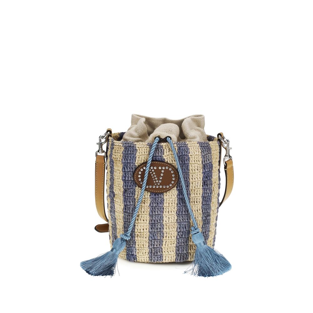 Valentino Garavani Eimer-Tasche aus blauer Raffia