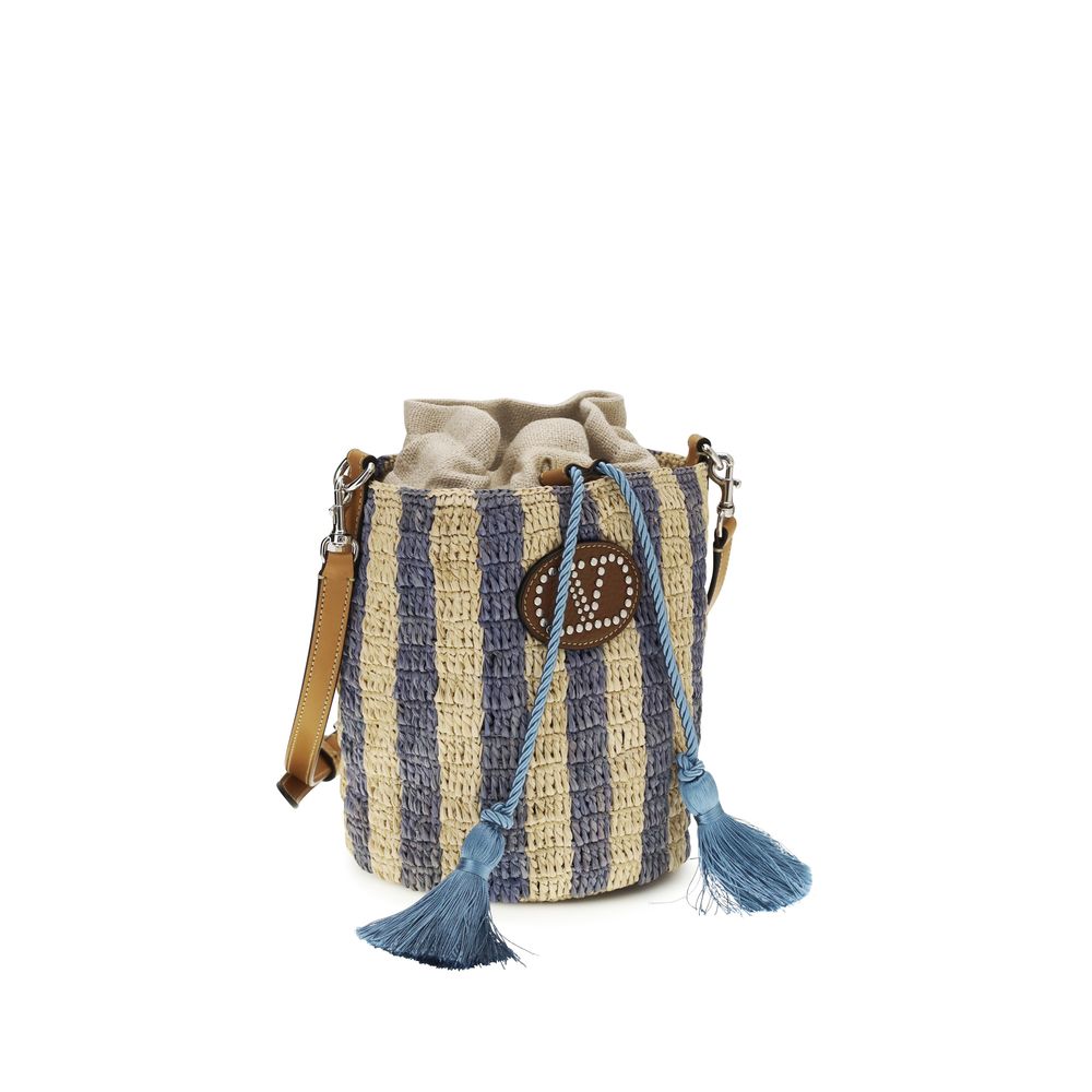 Valentino Garavani Eimer-Tasche aus blauer Raffia
