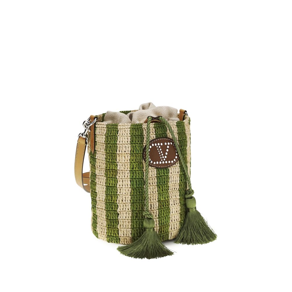 Valentino Garavani Zweifarbige Raffia-Eimer-Tasche