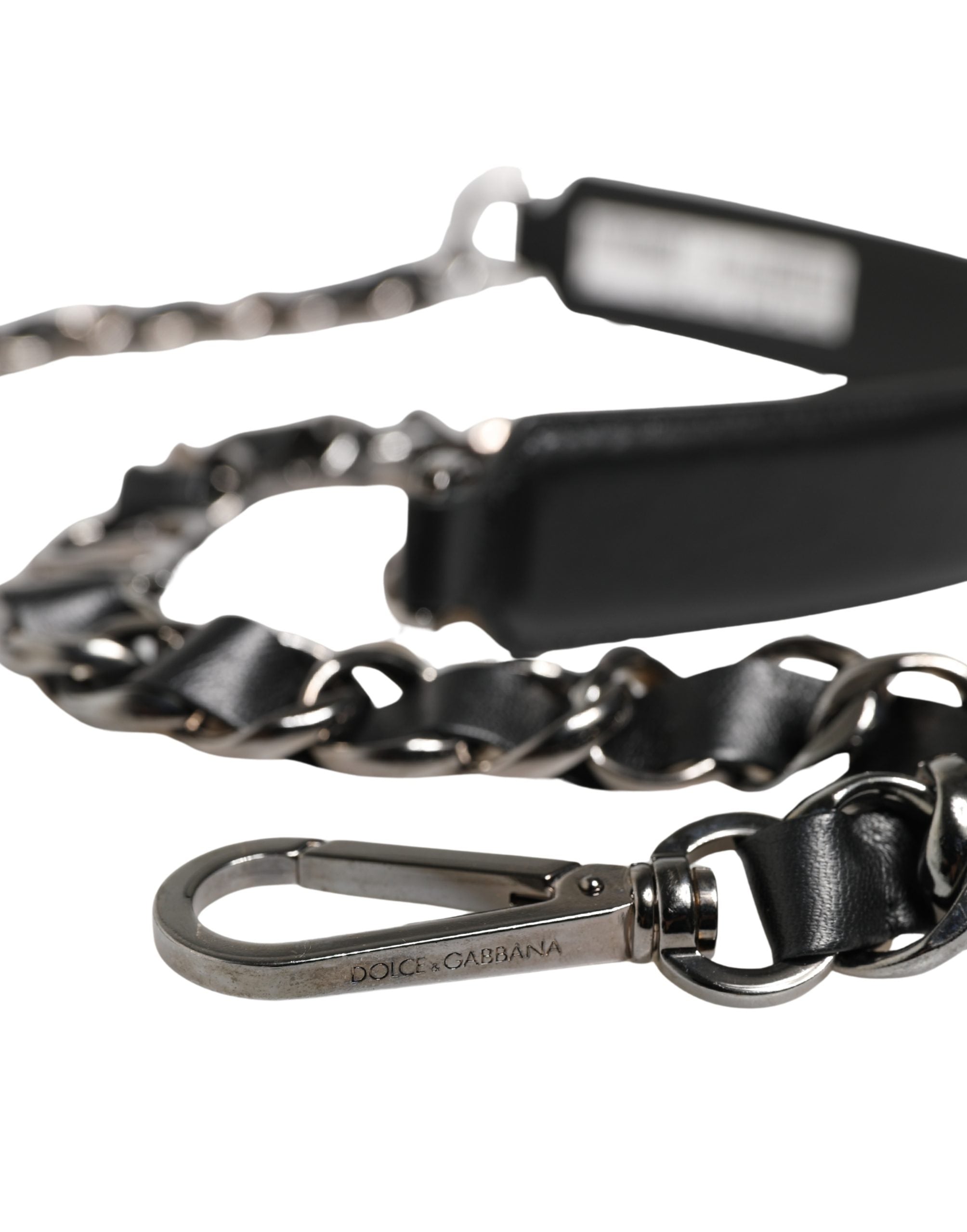 Dolce & Gabbana Schwarzer Leder-Schultergurt mit silberner Kette
