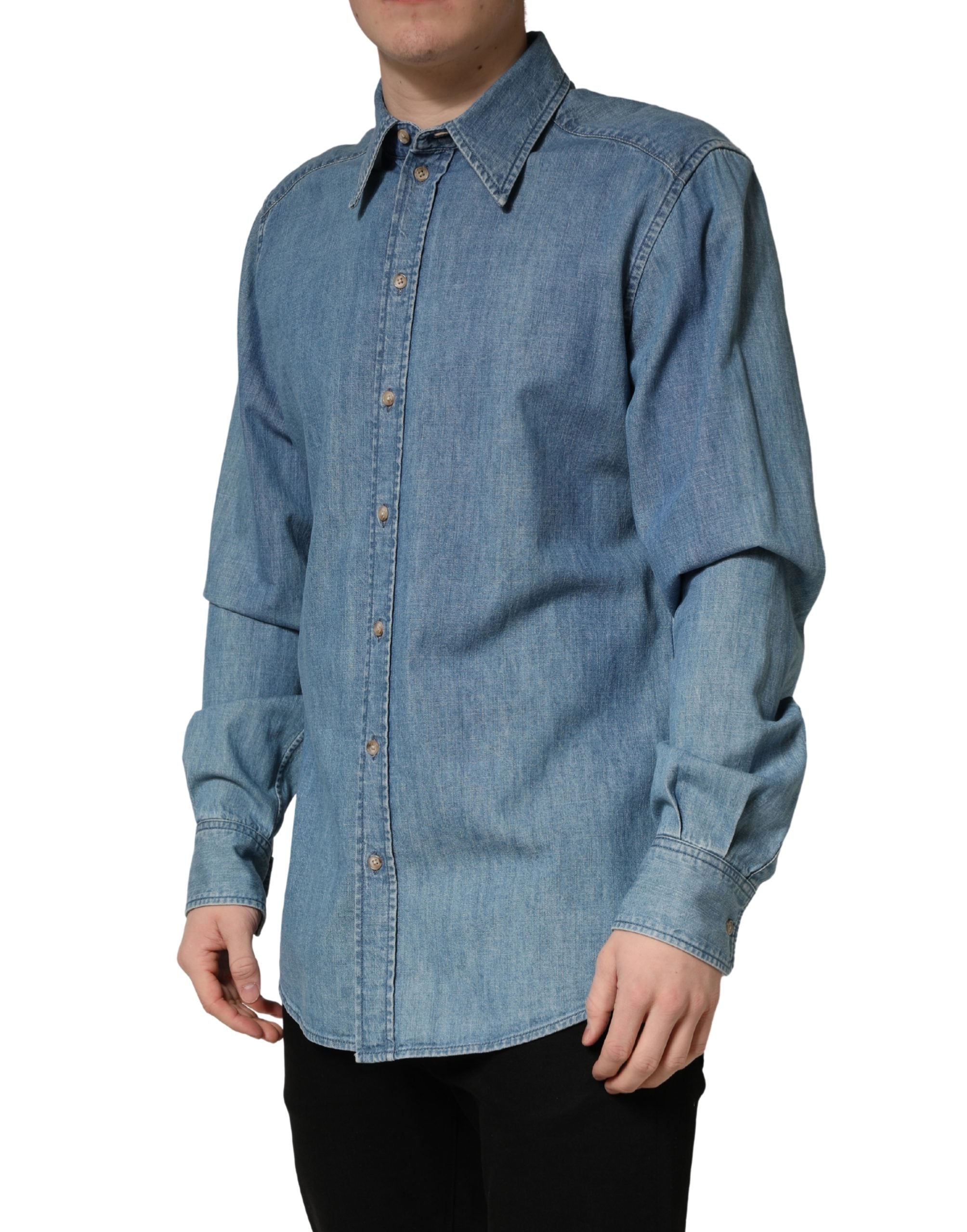 Dolce & Gabbana Blaue Baumwoll Stretch Casual Denim Slim Fit Hemd