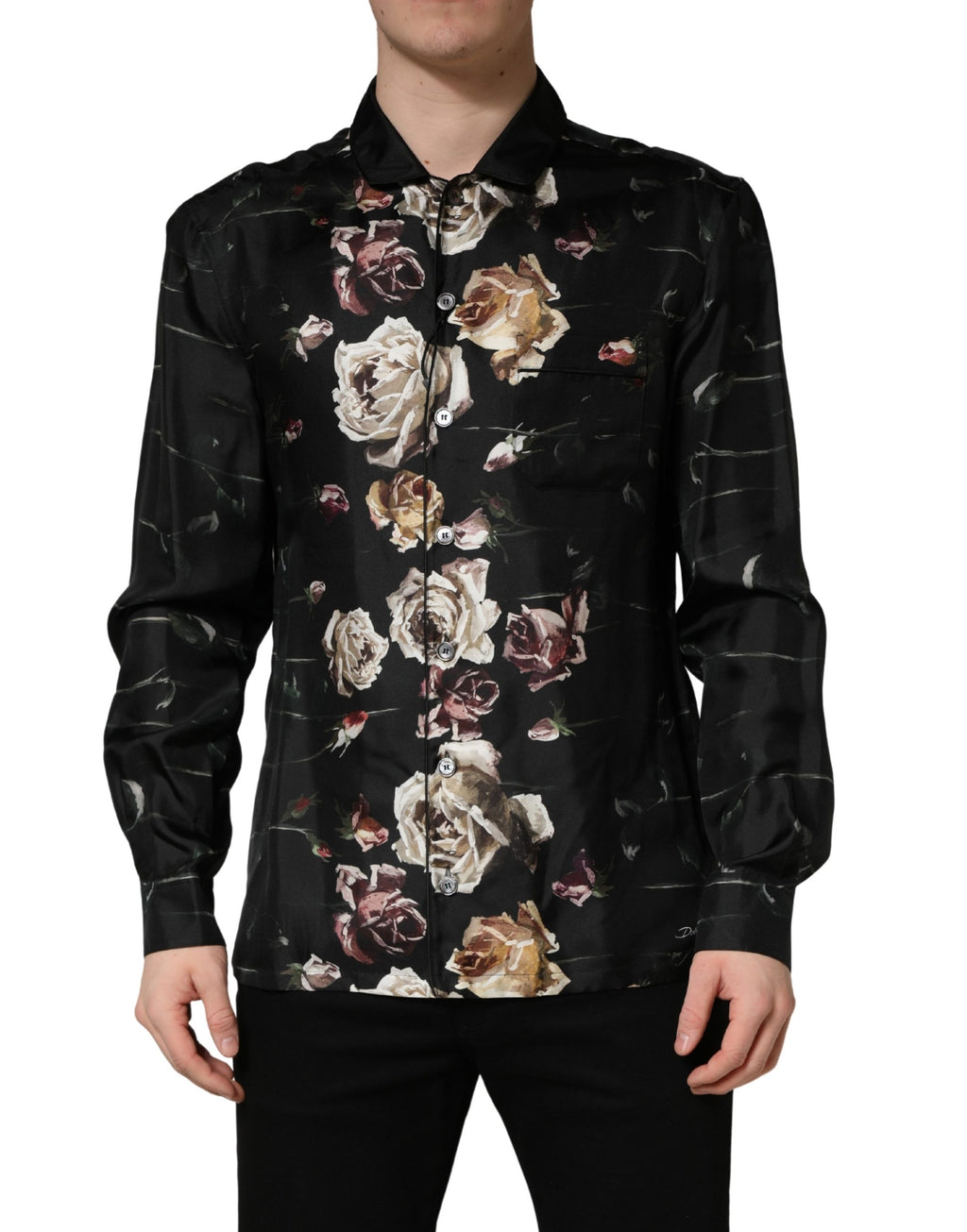 Dolce & Gabbana Schwarzes Freizeithemd mit Blumenprint und langen Ärmeln