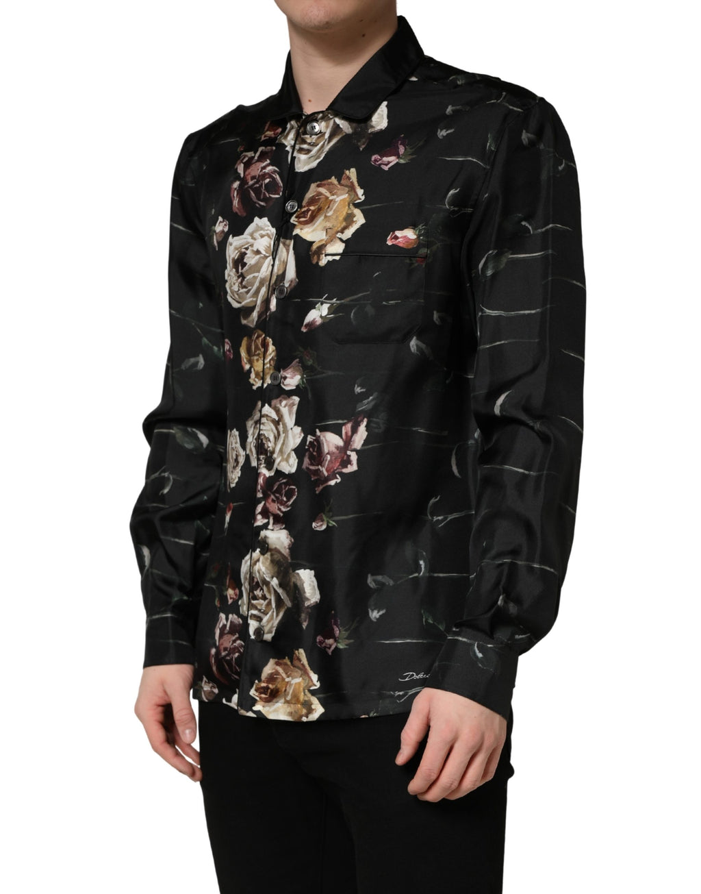 Dolce & Gabbana Schwarzes Freizeithemd mit Blumenprint und langen Ärmeln