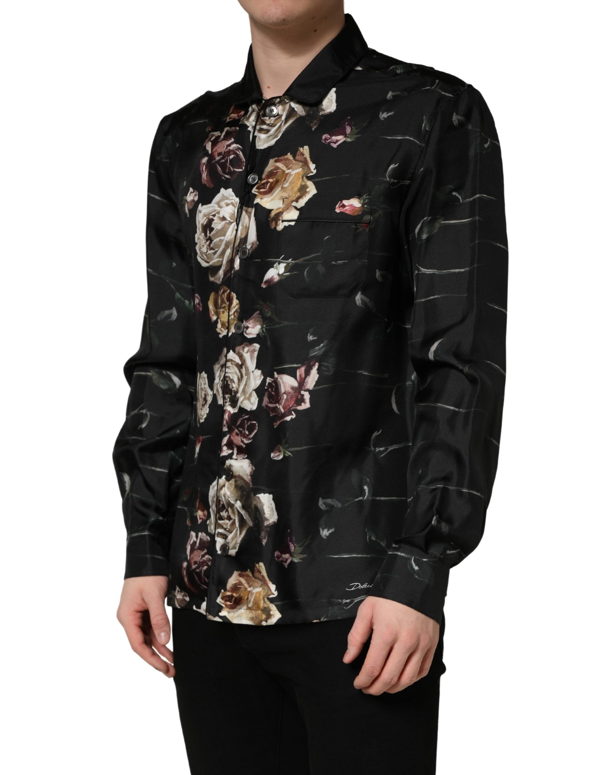 Dolce & Gabbana Schwarzes Freizeithemd mit Blumenprint und langen Ärmeln