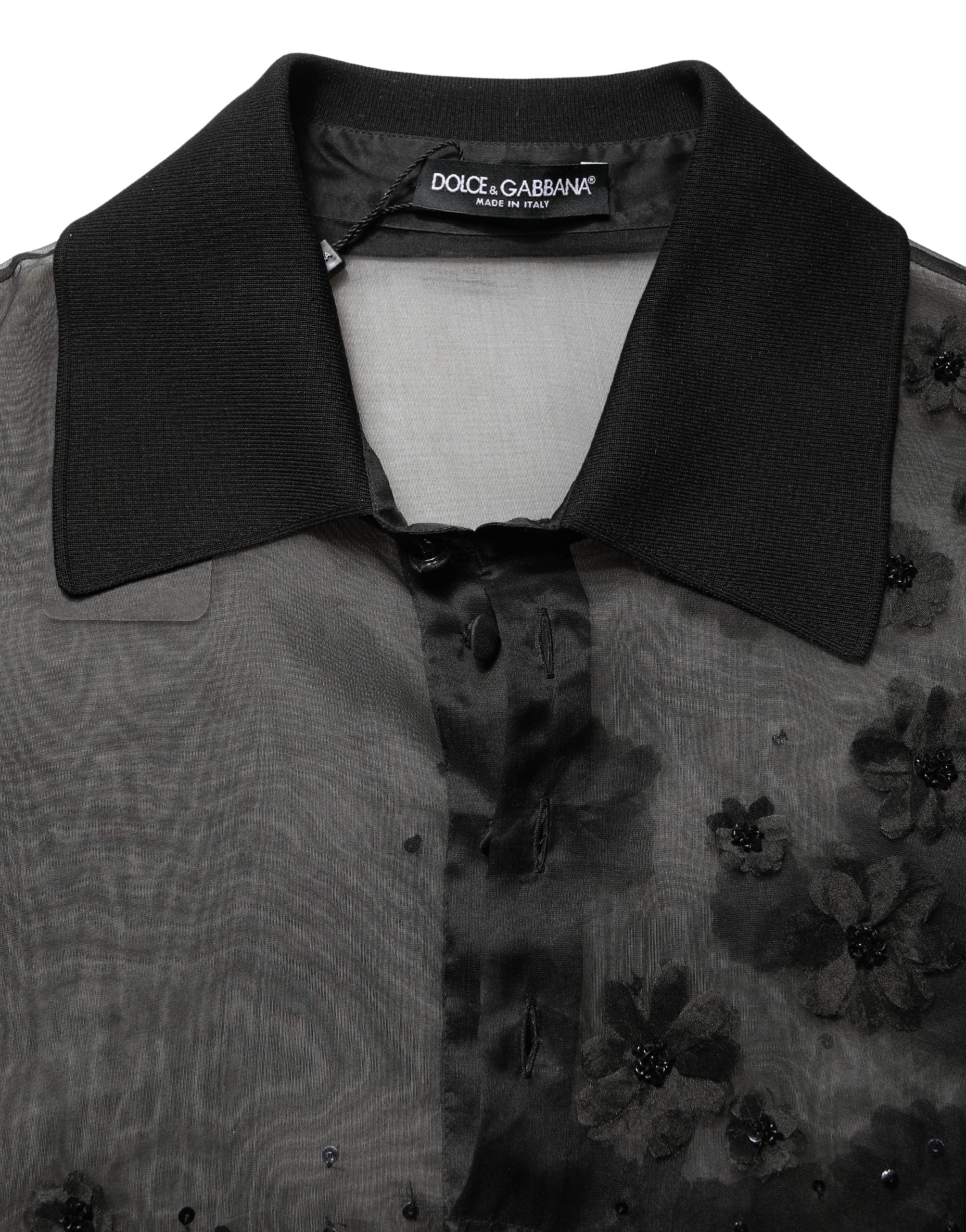 Dolce & Gabbana Schwarzes Shirt mit Blumenapplikationen und kurzen Ärmeln aus transparentem Stoff