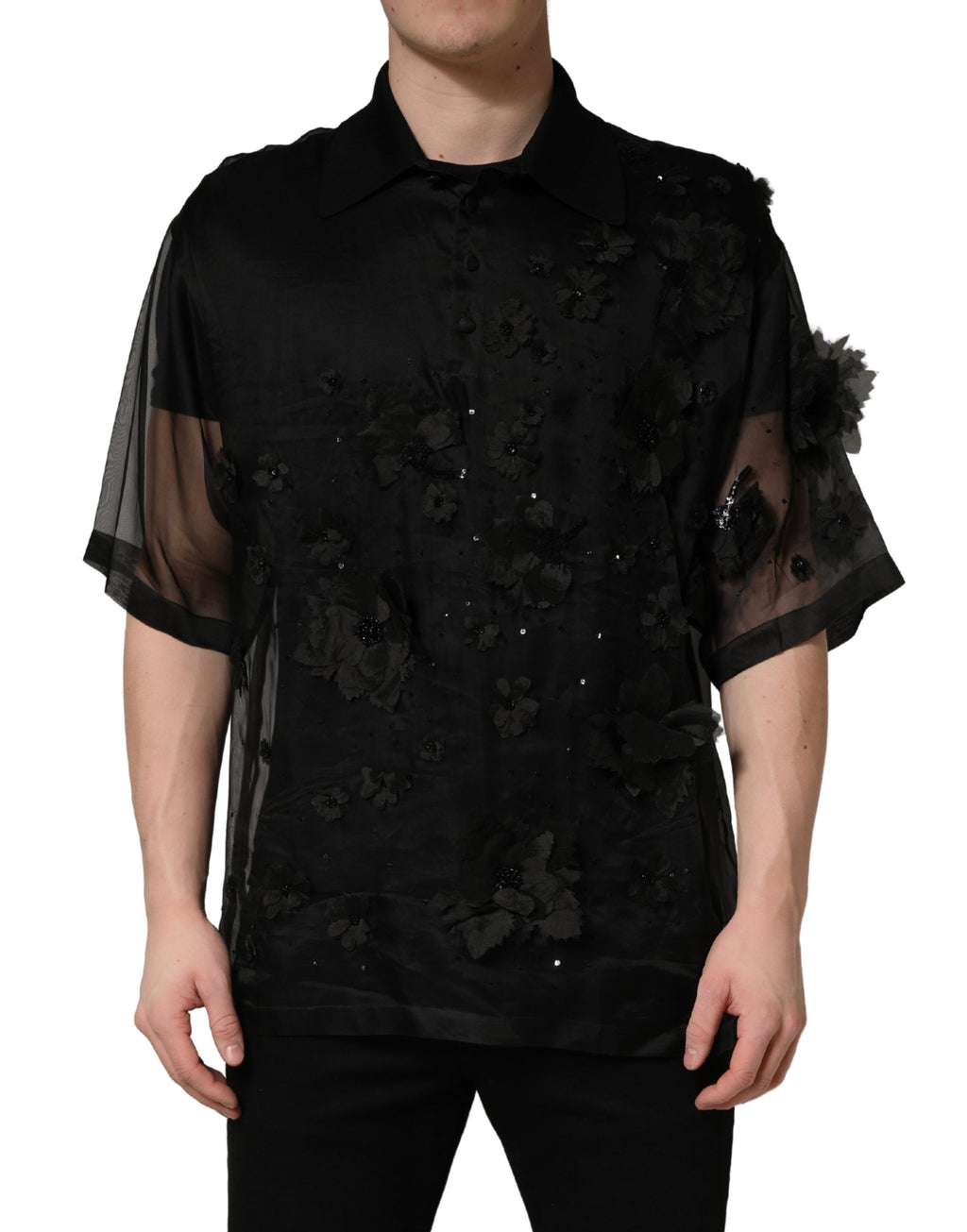 Dolce & Gabbana Schwarzes Shirt mit Blumenapplikationen und kurzen Ärmeln aus transparentem Stoff