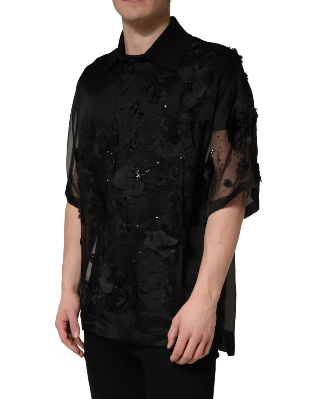 Dolce & Gabbana Schwarzes Shirt mit Blumenapplikationen und kurzen Ärmeln aus transparentem Stoff