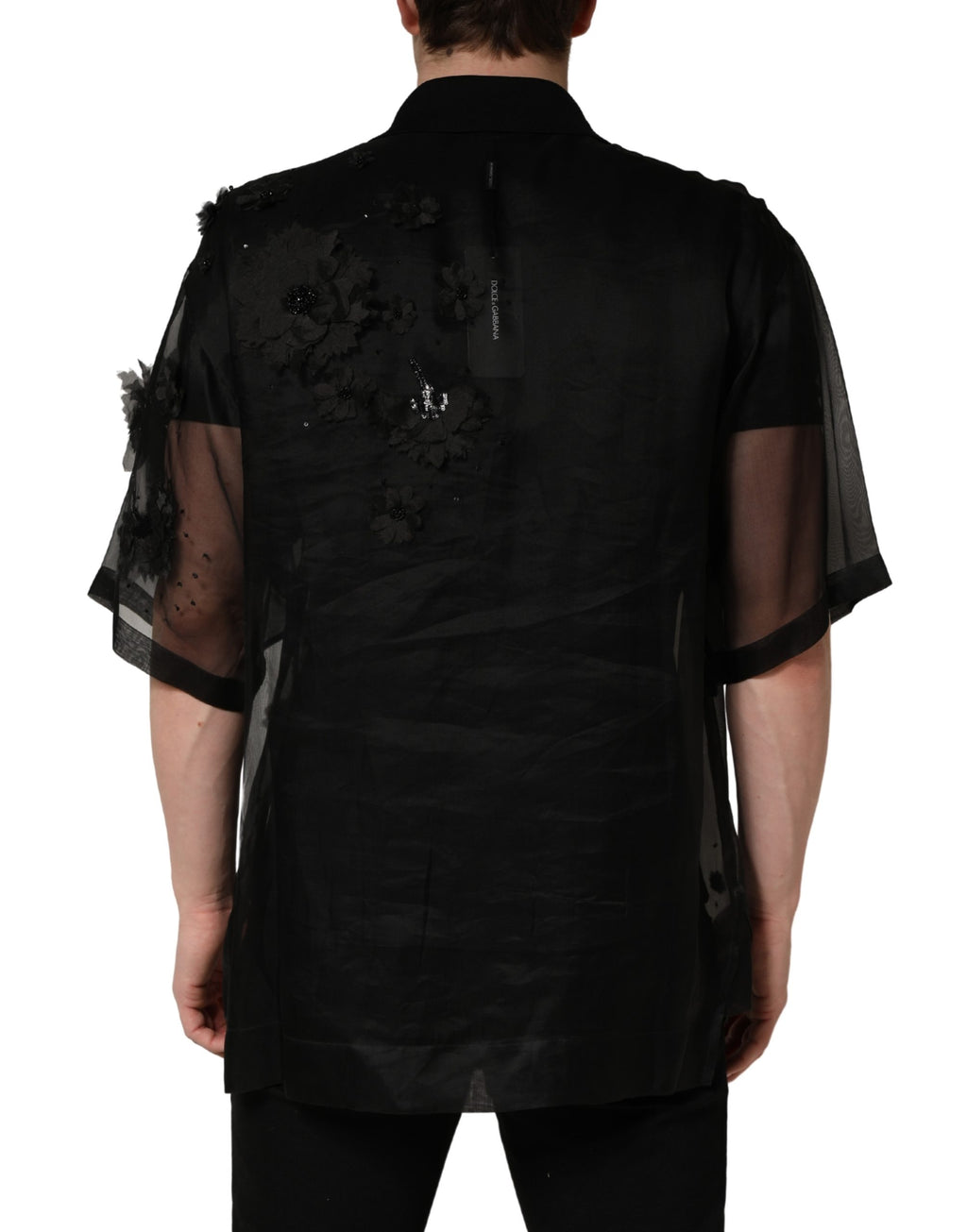 Dolce & Gabbana Schwarzes Shirt mit Blumenapplikationen und kurzen Ärmeln aus transparentem Stoff