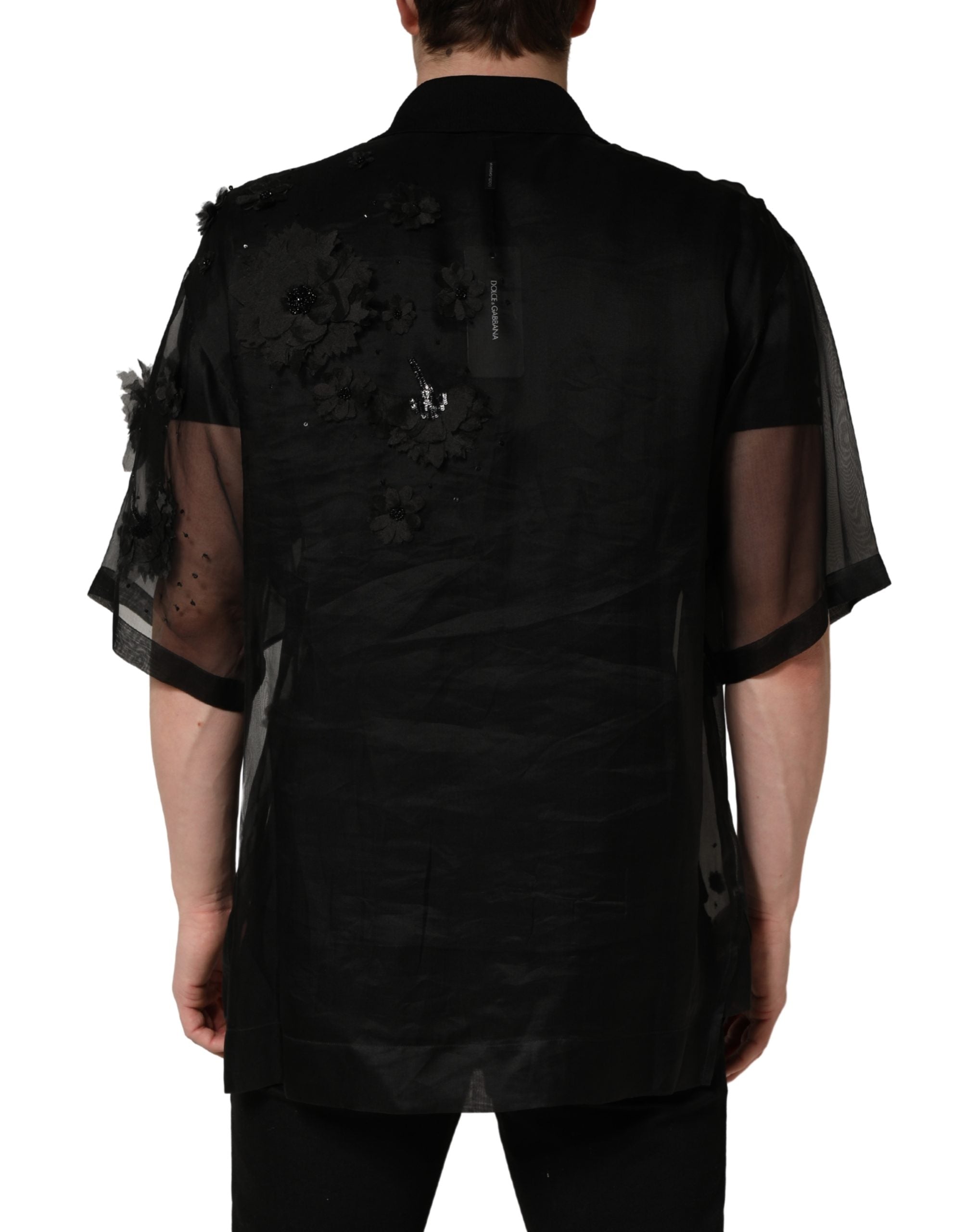 Dolce & Gabbana Schwarzes Shirt mit Blumenapplikationen und kurzen Ärmeln aus transparentem Stoff