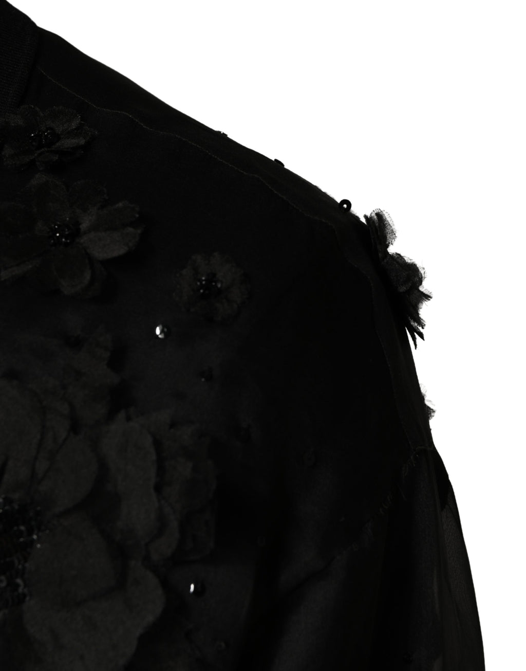 Dolce & Gabbana Schwarzes Shirt mit Blumenapplikationen und kurzen Ärmeln aus transparentem Stoff