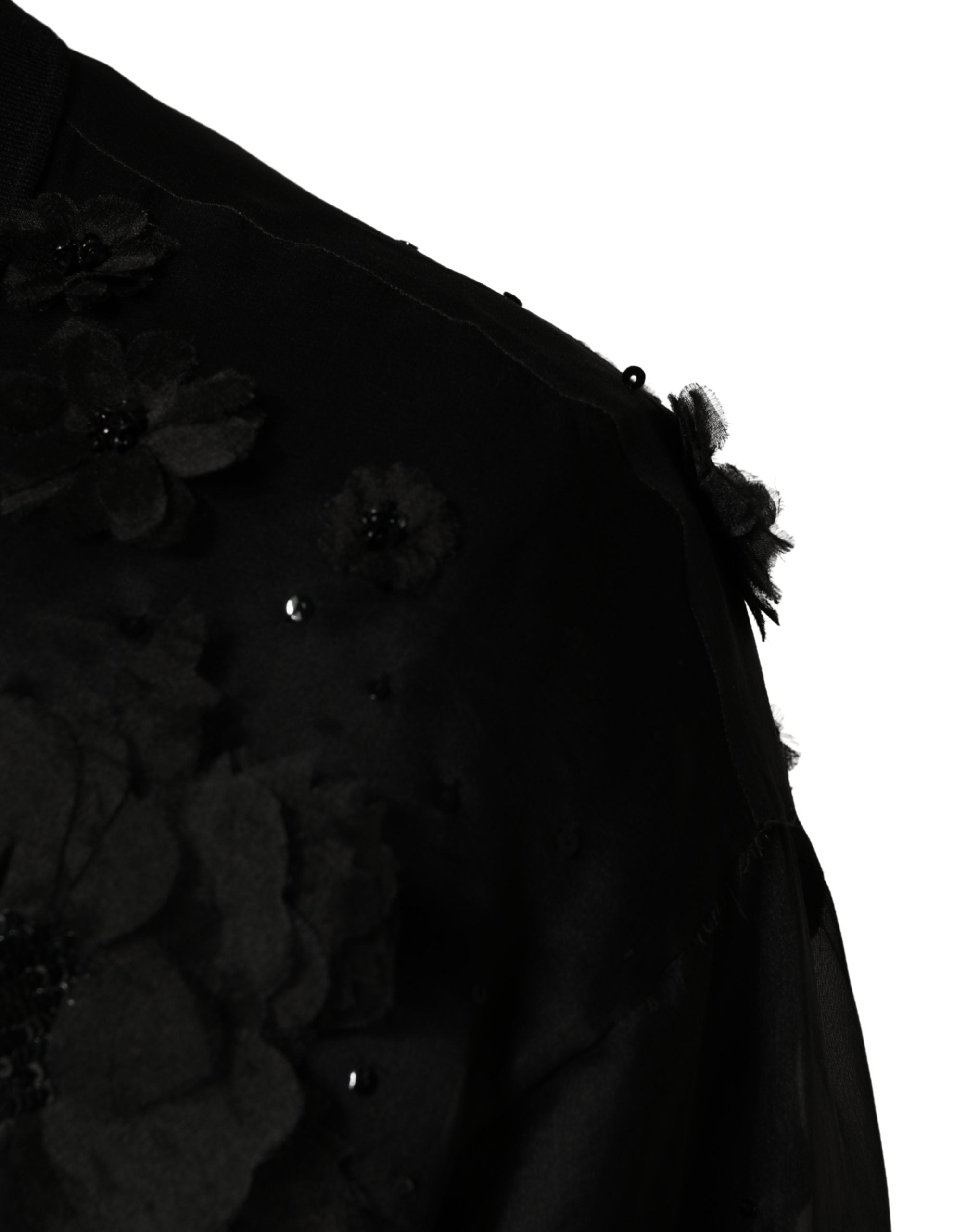 Dolce & Gabbana Schwarzes Shirt mit Blumenapplikationen und kurzen Ärmeln aus transparentem Stoff