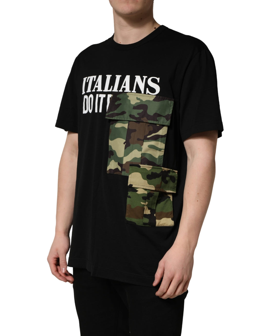 Dolce & Gabbana Schwarzes T-Shirt mit Camouflage-Grafikprint und Rundhalsausschnitt aus Baumwolle