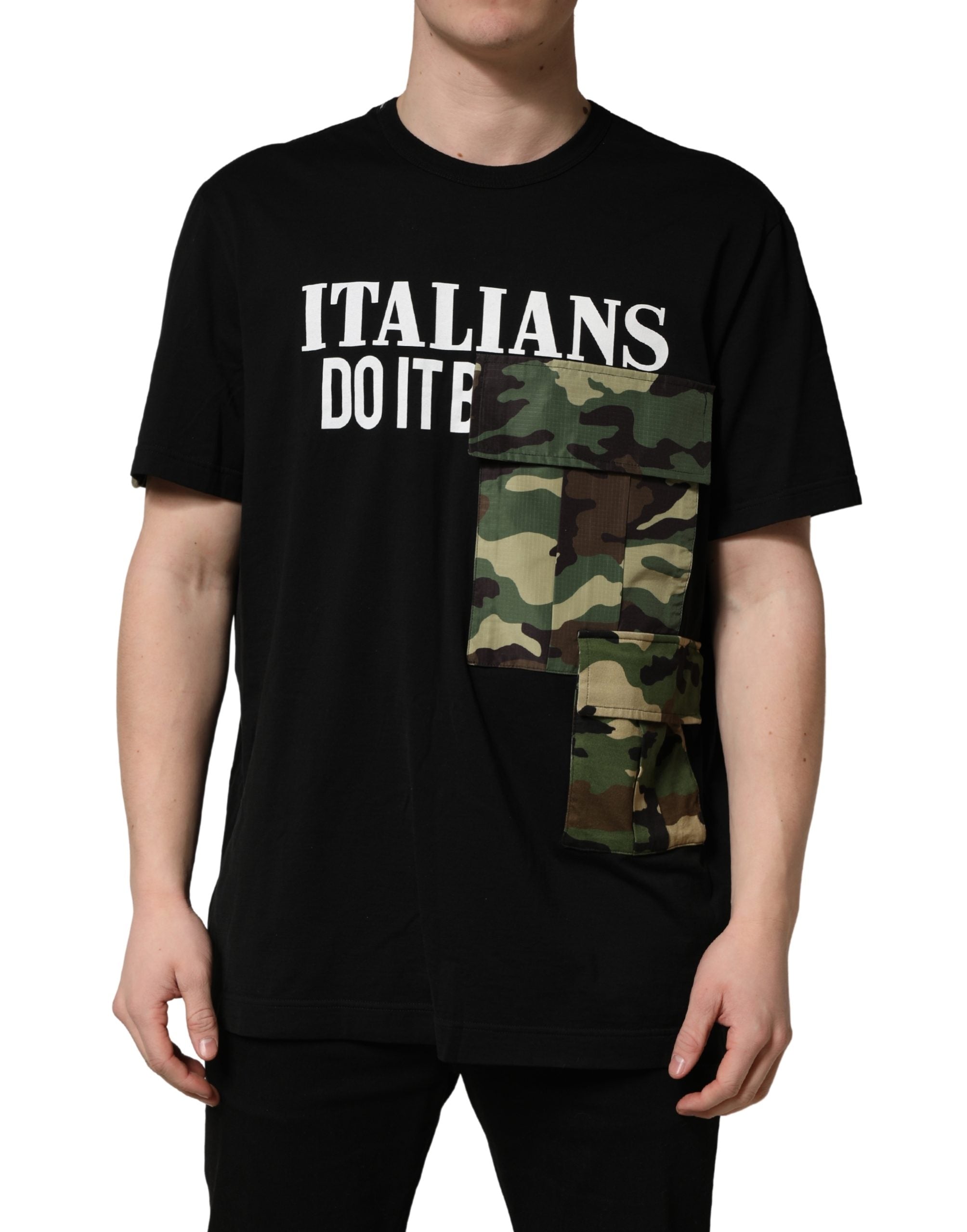 Dolce & Gabbana Schwarzes T-Shirt mit Camouflage-Grafikprint und Rundhalsausschnitt aus Baumwolle
