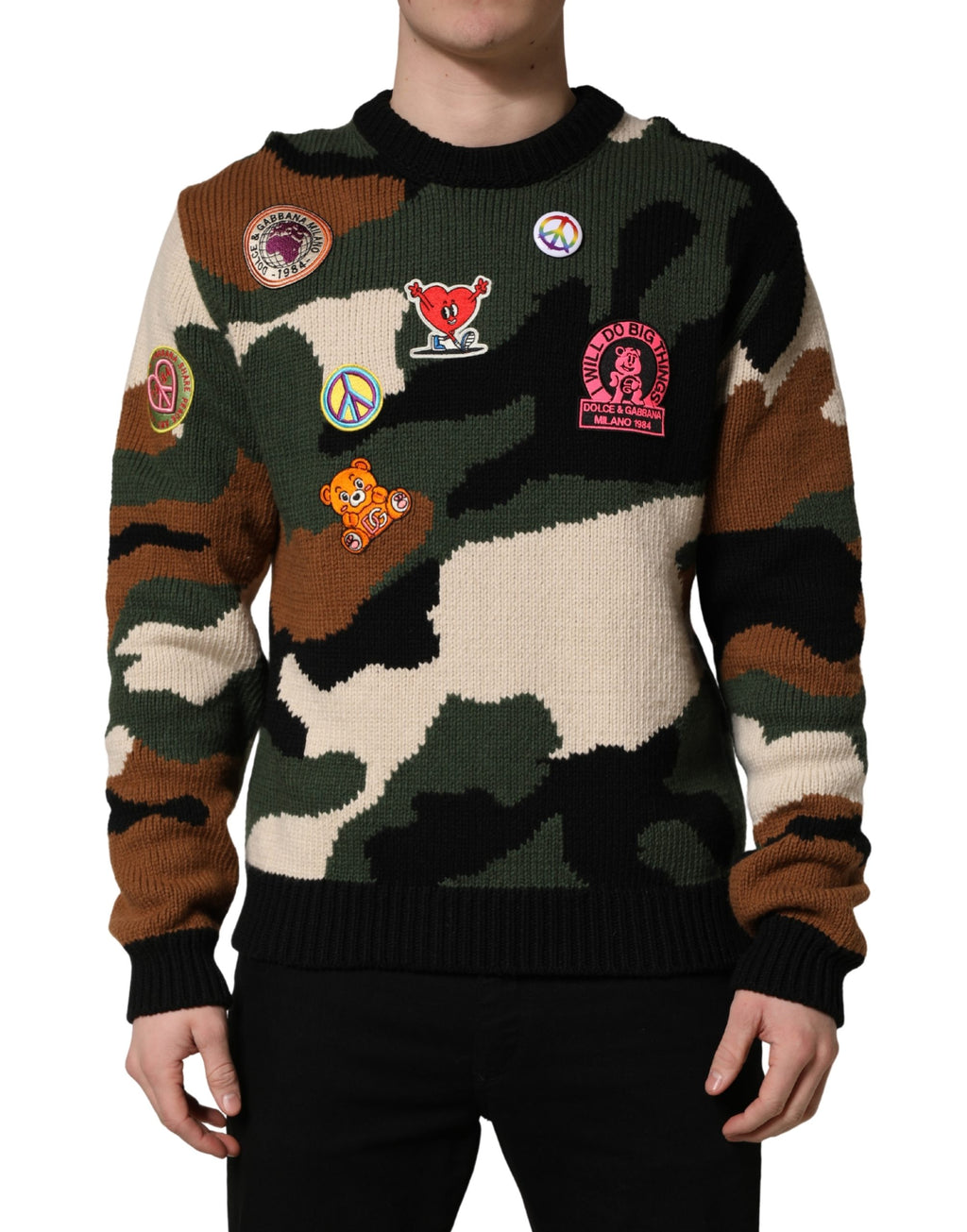 Dolce & Gabbana Pullover-Pullover mit mehrfarbigem Intarsien-Strickmuster und Camouflage-Muster