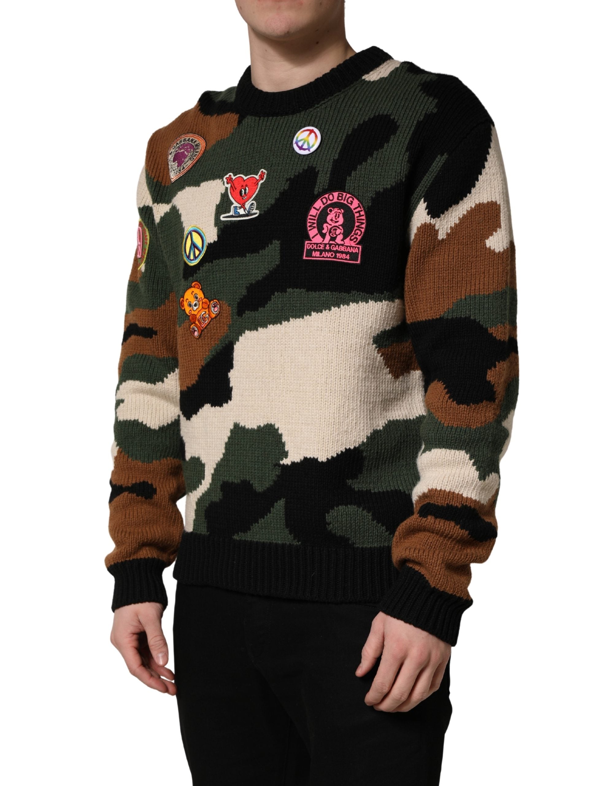 Dolce & Gabbana Pullover-Pullover mit mehrfarbigem Intarsien-Strickmuster und Camouflage-Muster