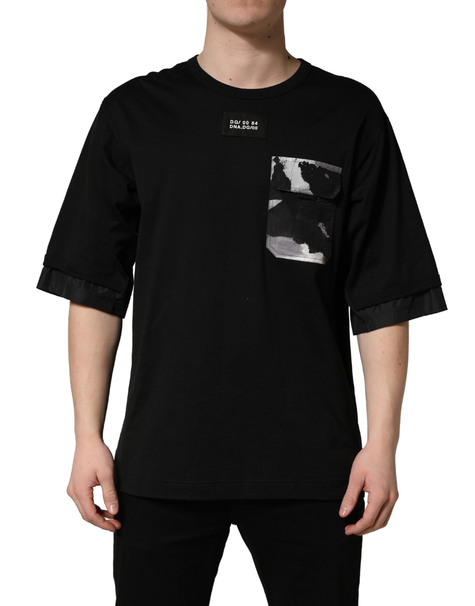 Dolce & Gabbana Schwarzes Oversize-T-Shirt mit Camouflage-Tasche