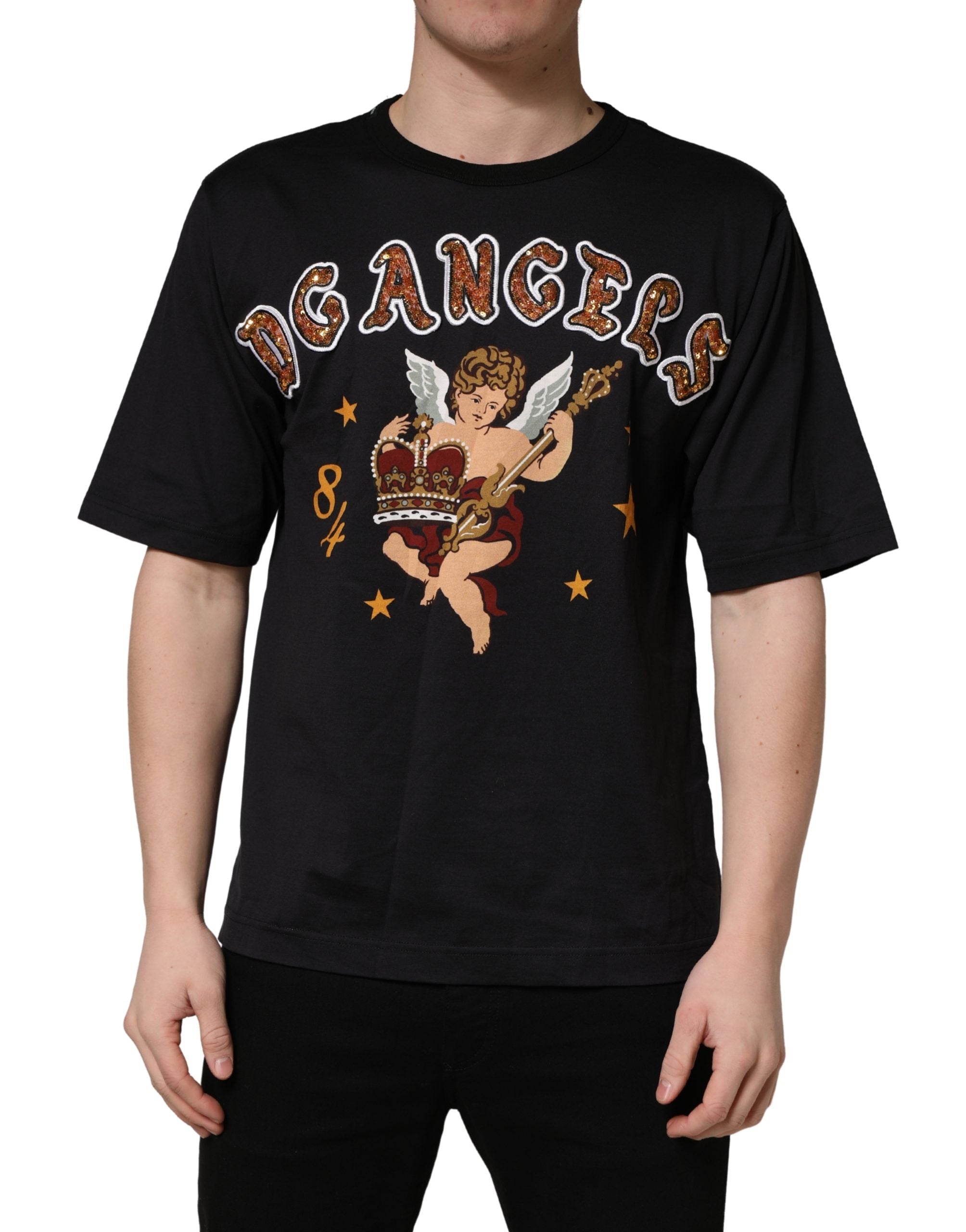 Dolce & Gabbana Schwarzes Baumwoll-T-Shirt mit Rundhalsausschnitt und Engelsprint
